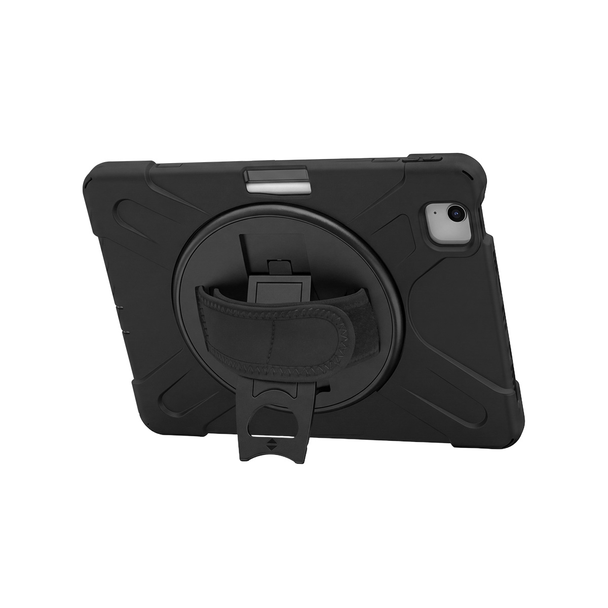 Schwarzes Tabletgehäuse mit Ständer und Griff.