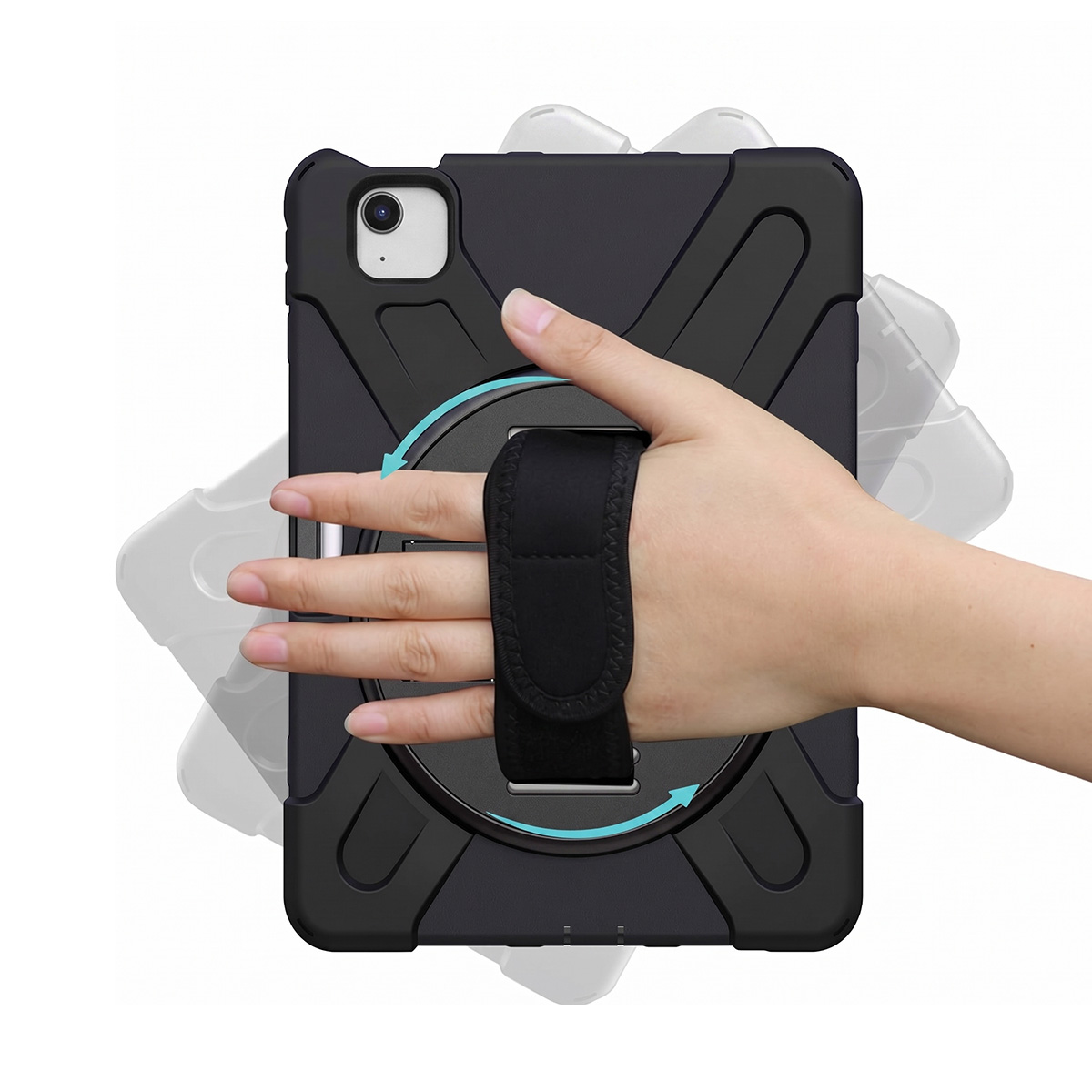 Eine Hand hält ein schwarzes Tablet in einer Schutzhülle mit einem Griffband.
