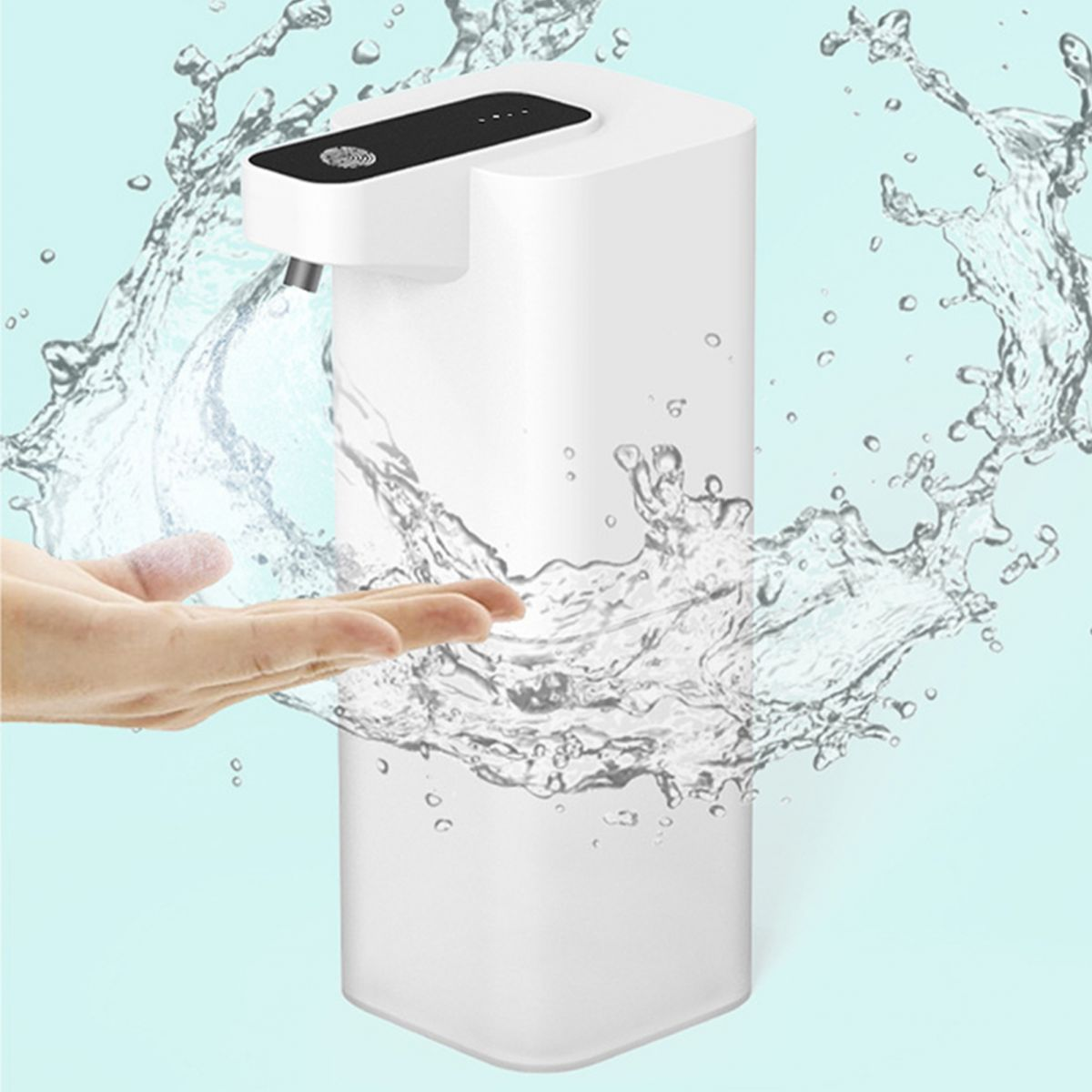 Automatischer Seifenspender mit Hand und spritzendem Wasser.