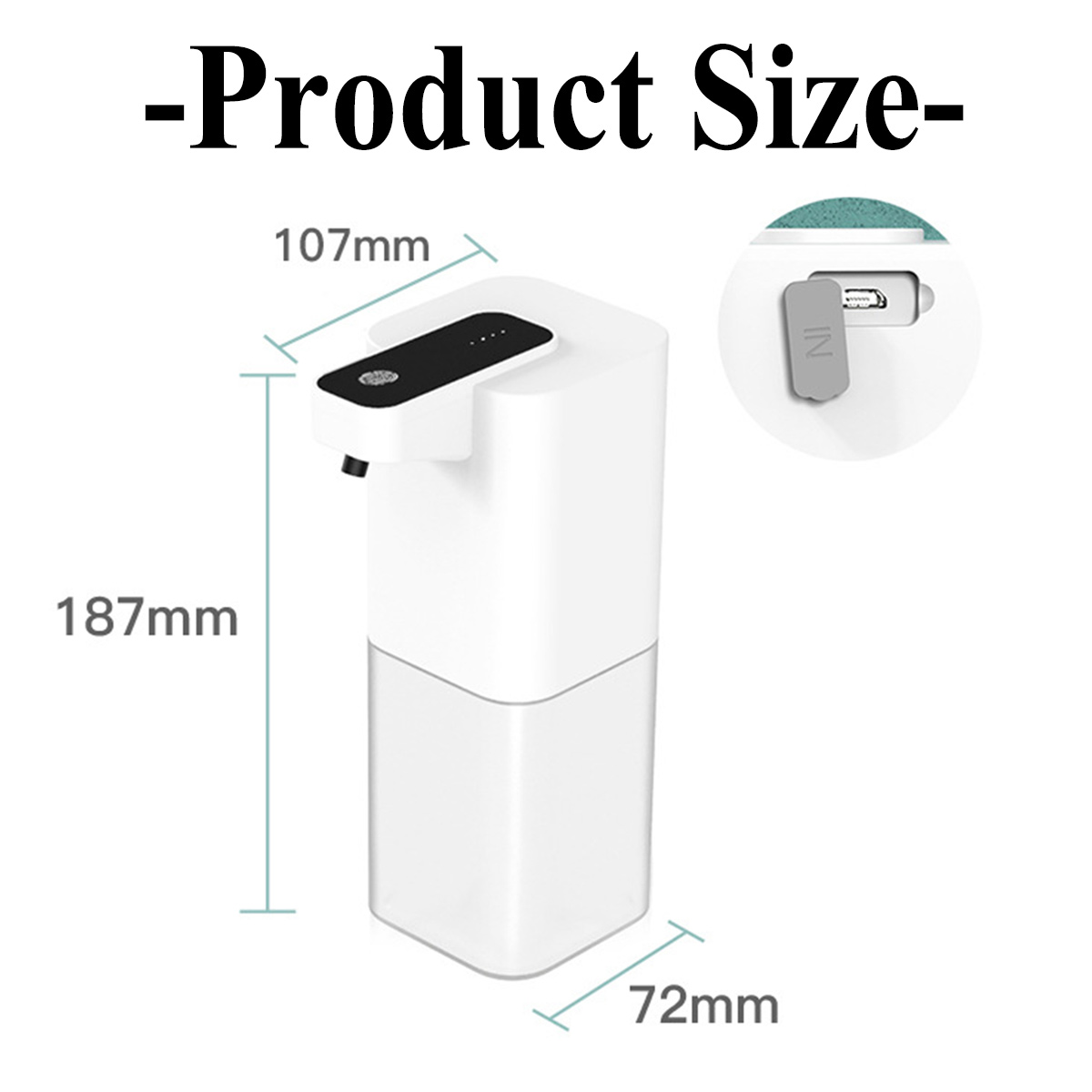 Weiße Seifenspender-Größenangaben: 107x72x187mm. USB-Anschluss.