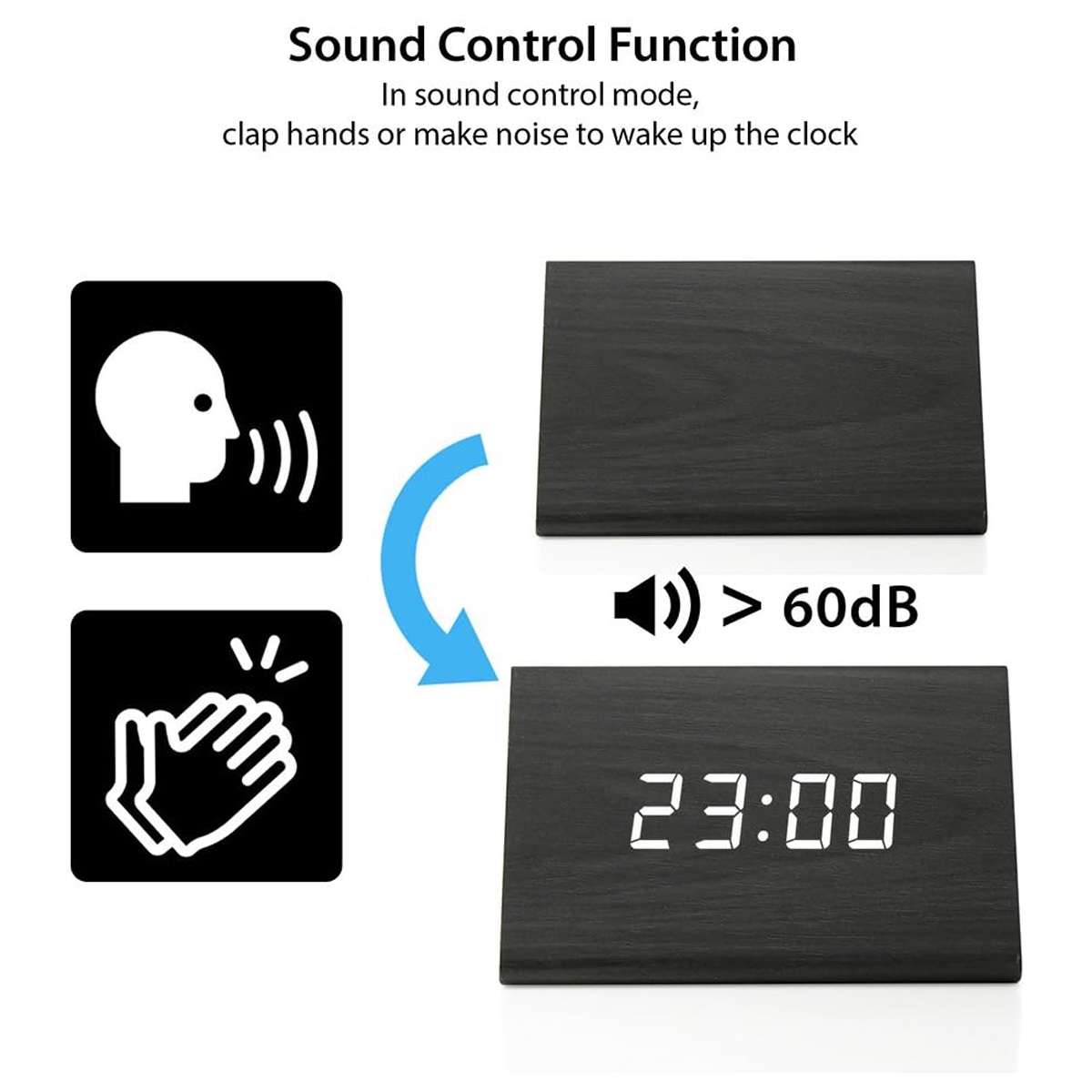 Ein schwarzes Holzwecker zeigt 23:00 an. Geräuschaktivierung über 60dB.