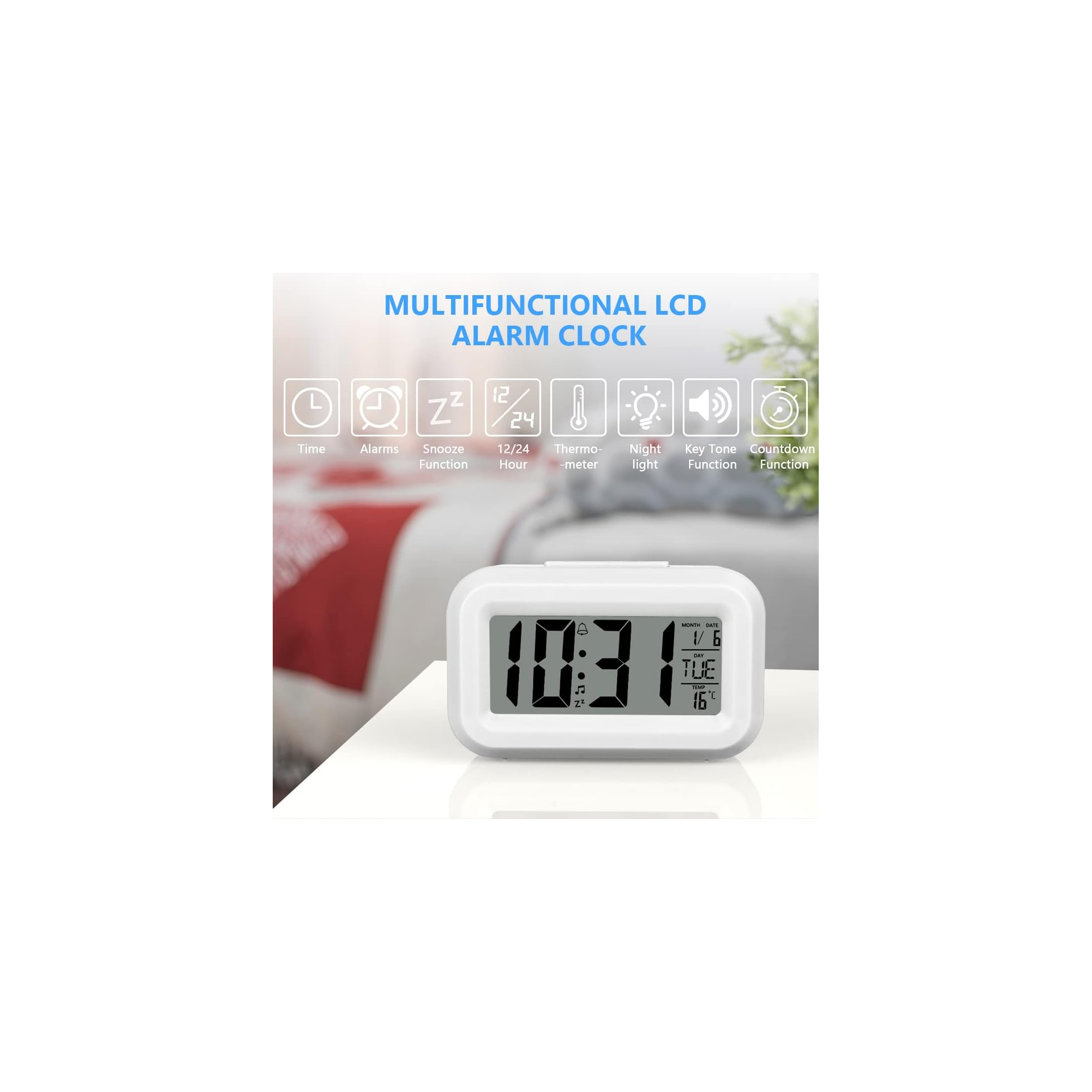 Ein weißer Wecker zeigt 10:31 Uhr, Datum und Temperatur an.