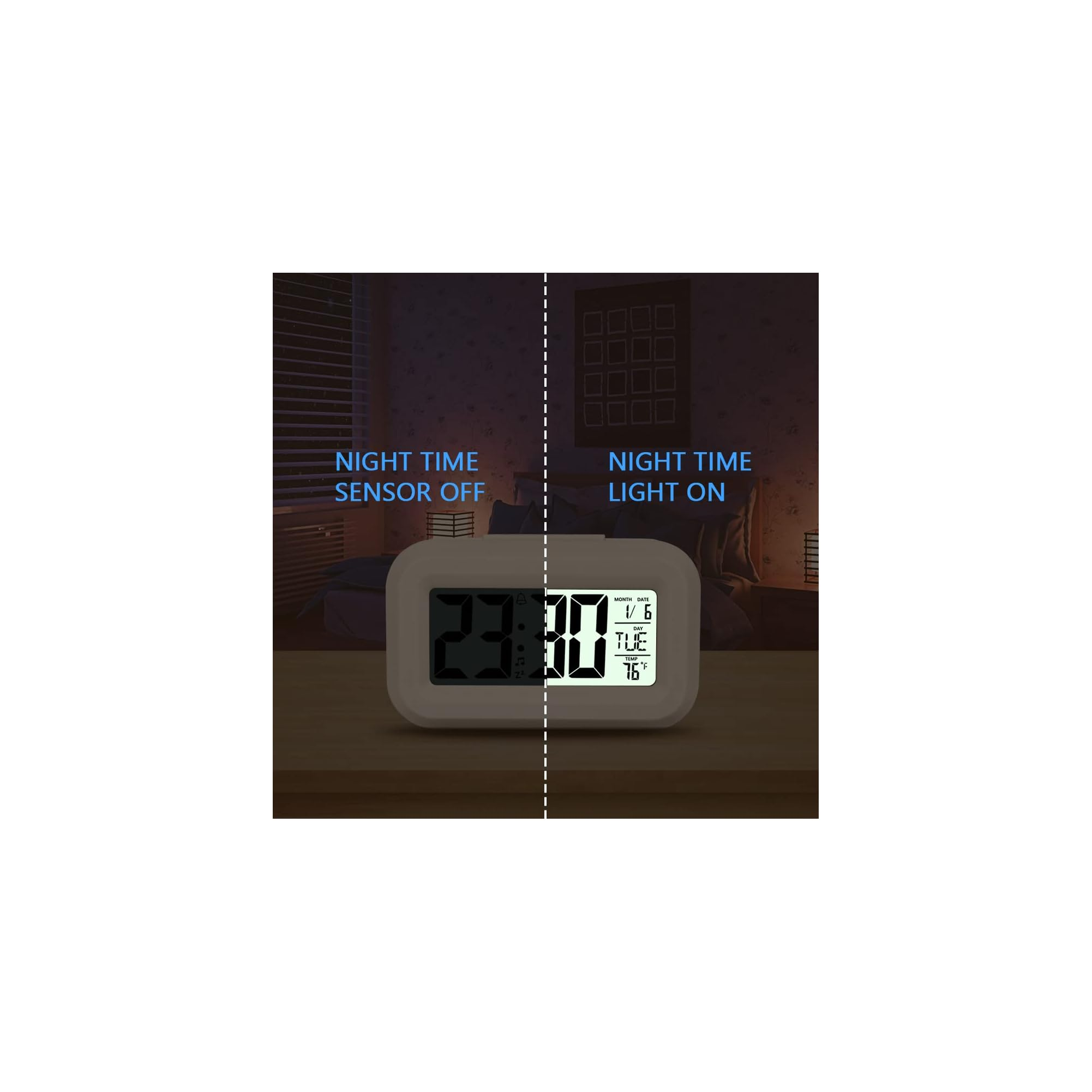 Digitaluhr im Schlafzimmer, links aus, rechts an. Zeigt 23:30 Uhr, 1/6 Di, 76°F.
