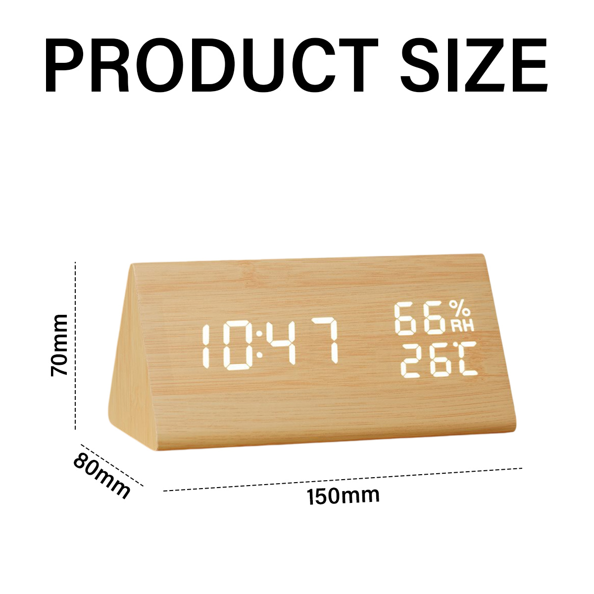 Holzuhr zeigt 10:47, 66% Feuchte, 26C. Maße: 150mm x 80mm x 70mm.