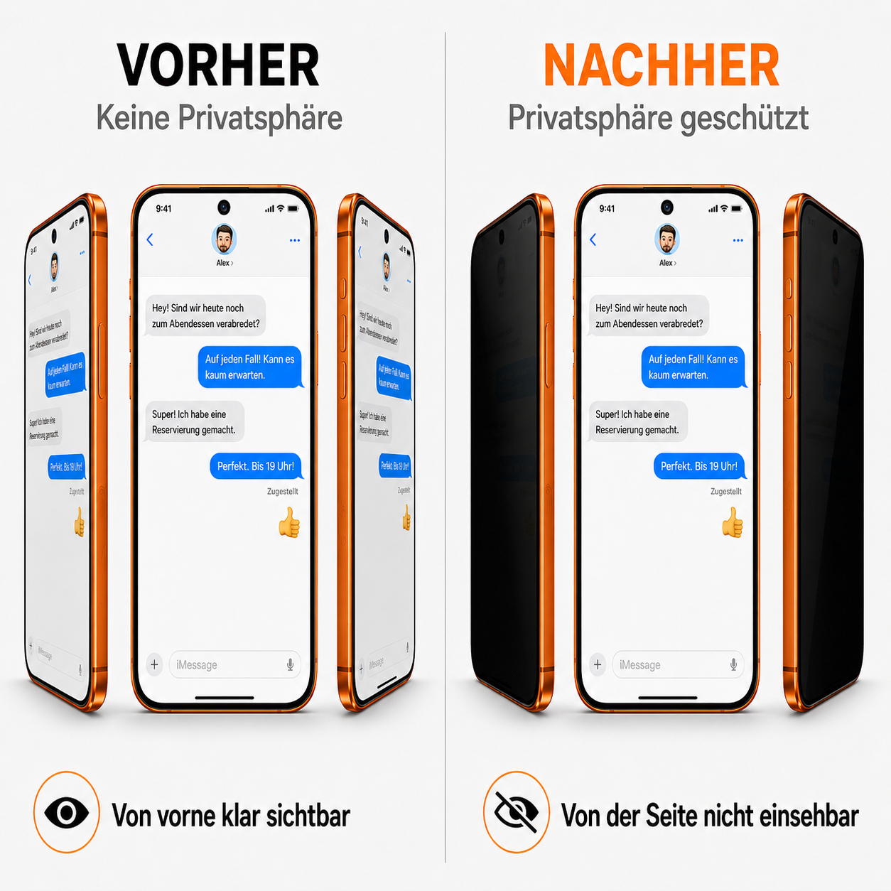 Vorher: Keine Privatsphäre, von vorne sichtbar. Nachher: Privatsphäre geschützt, von der Seite nicht einsehbar.