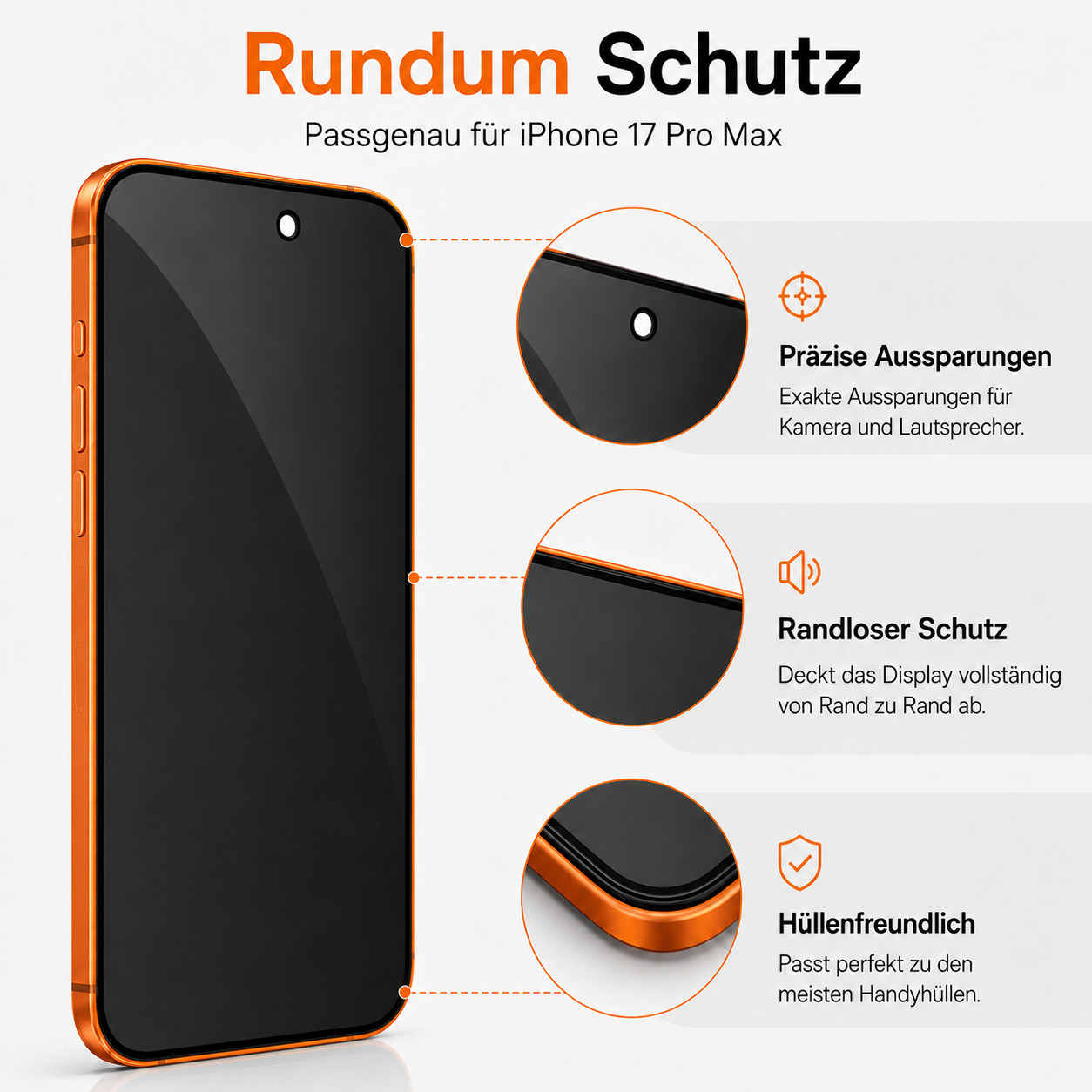 Orange iPhone 17 Pro Max zeigt präzise Aussparungen und randlosen Schutz.