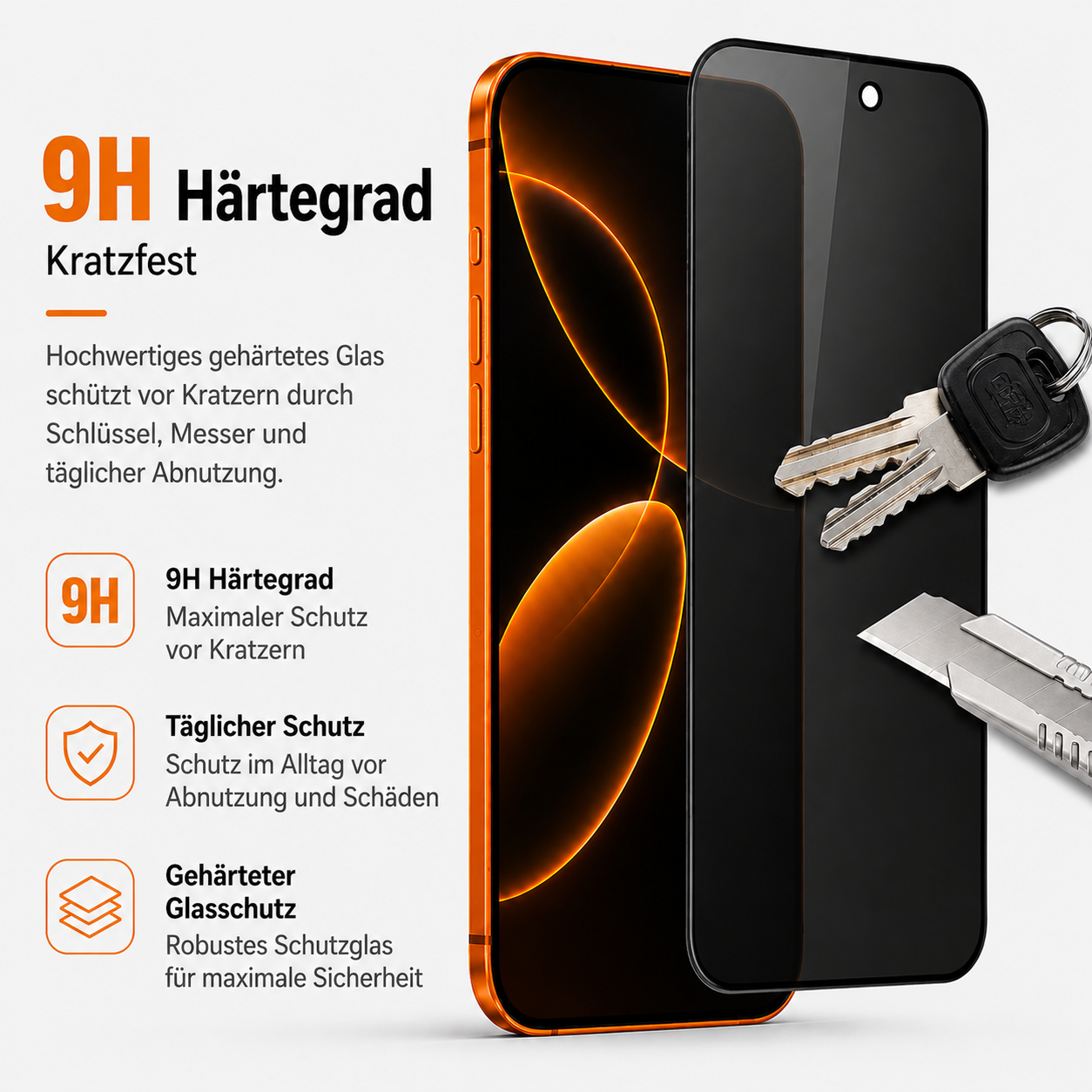 Gehärtetes Glas Displayschutz mit Schlüsseln und Cutter im Vordergrund.