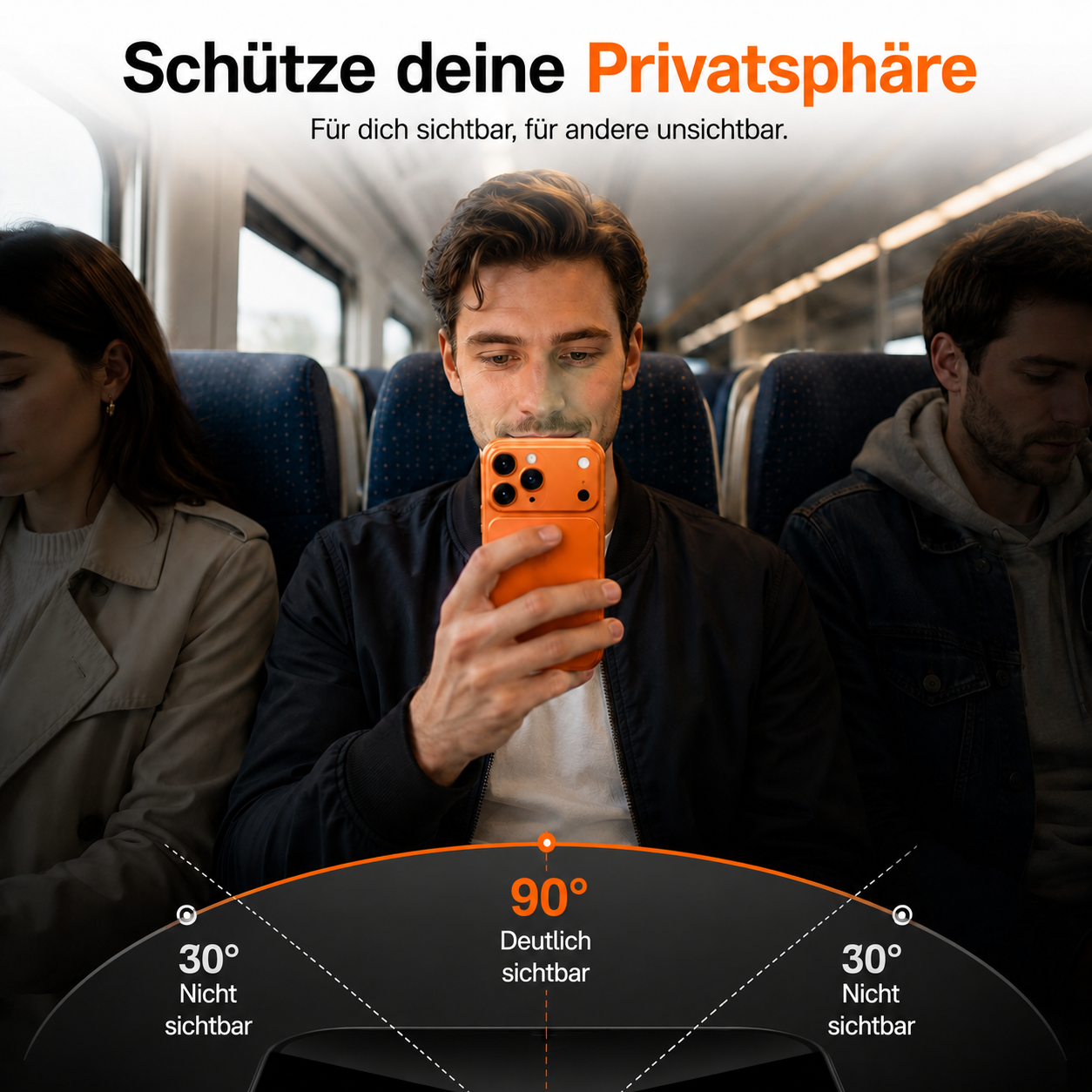 Mann im Zug hält orange Handy. Privatsphäre-Schutz-Grafik.