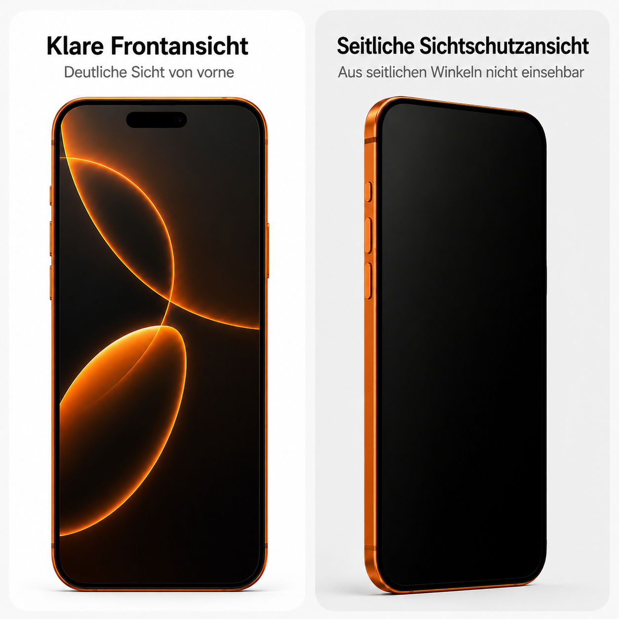 Orangefarbenes Smartphone mit leuchtenden Linien und schwarzem Bildschirm.