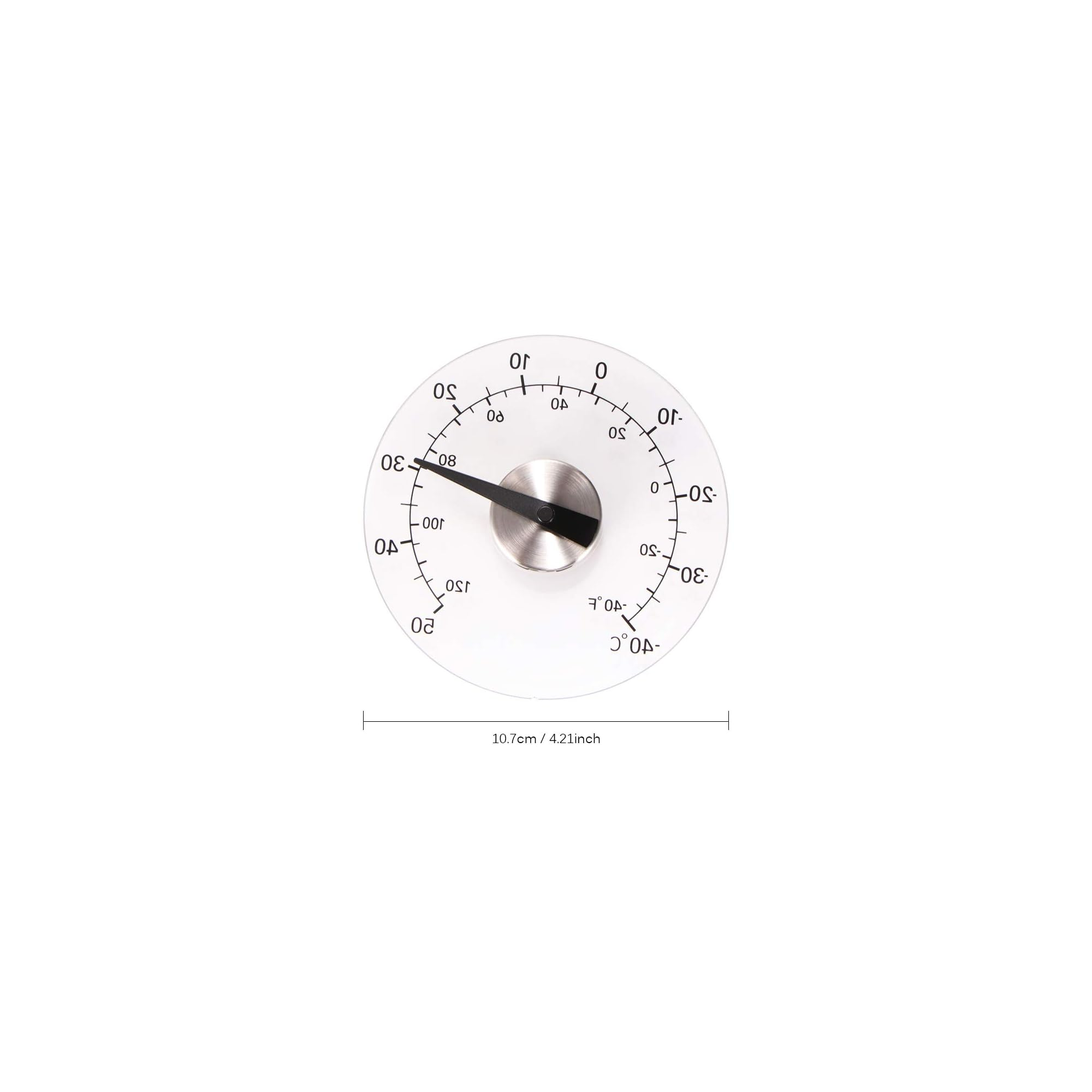 Rundes Thermometer mit schwarzem Zeiger bei 20°C, Skala von -40 bis 50°C.