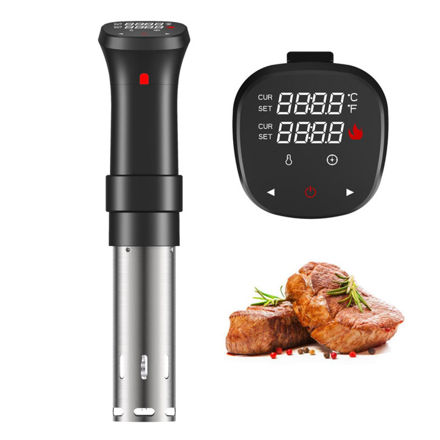 Ein schwarzer Sous-Vide-Garer mit Edelstahlbasis und ein digitales Display daneben.