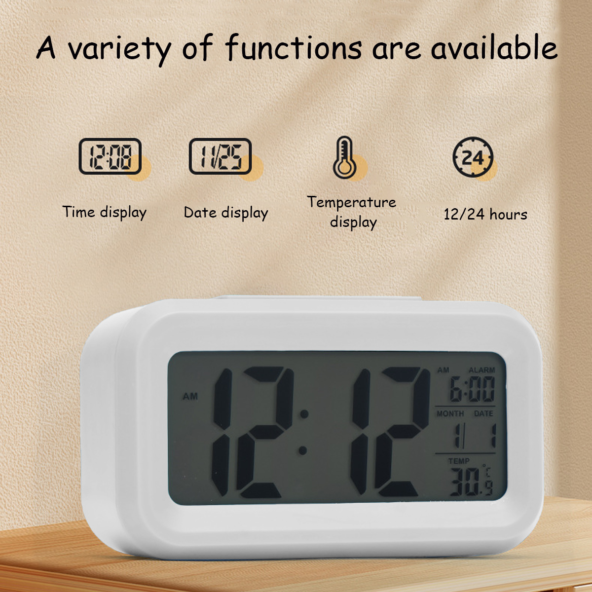 Ein weißer Digitalwecker zeigt 12:12 Uhr, Datum 11/1, Alarm 6:00, Temperatur 30°C.