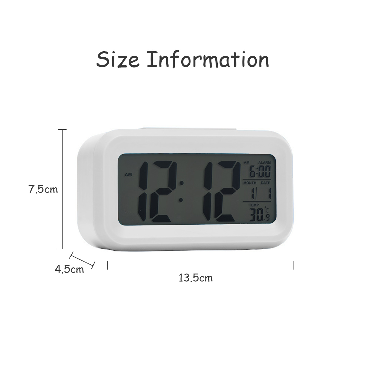 Weier Digitalwecker mit Maangaben: 7,5cm H, 4,5cm T, 13,5cm B.
