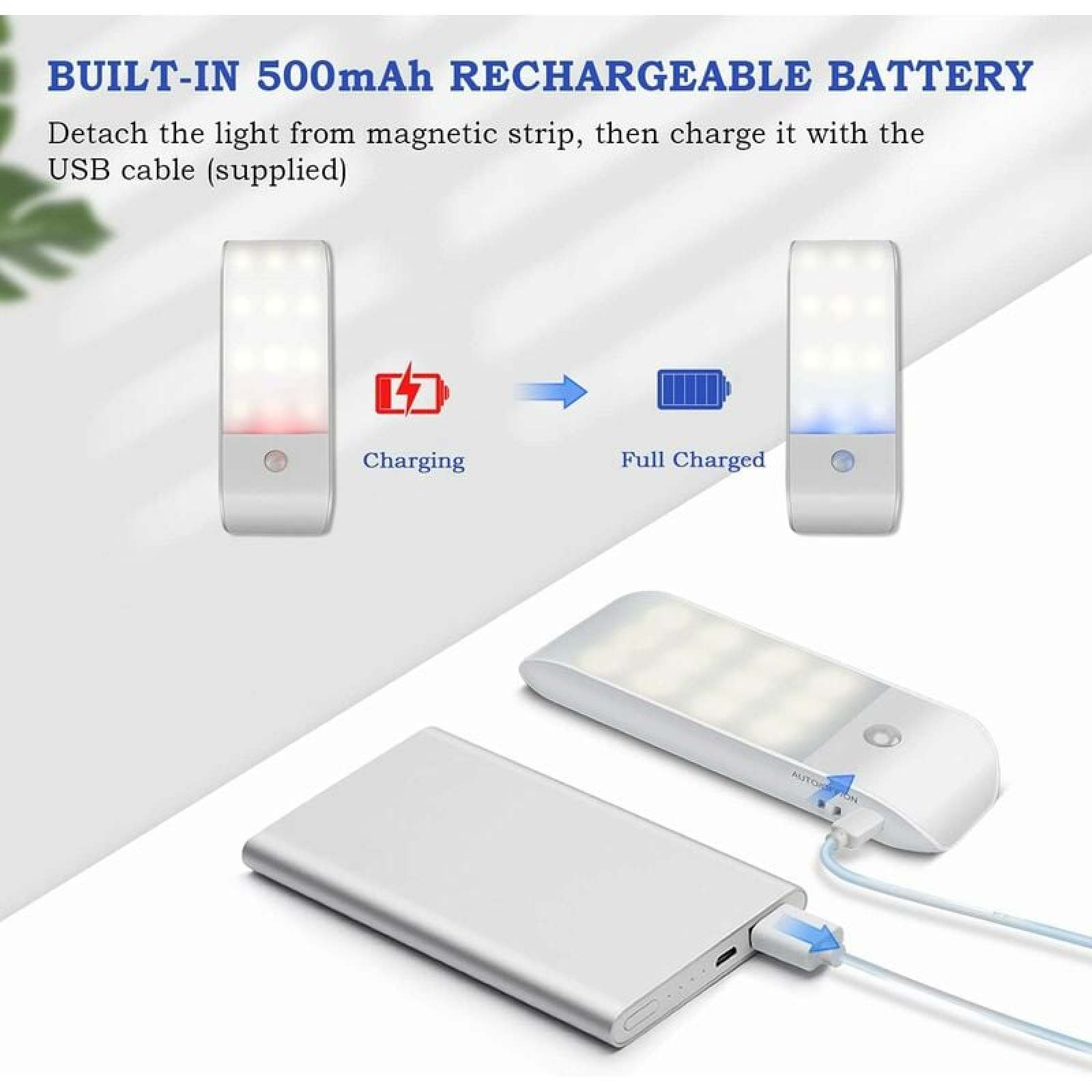 Ein weißes LED-Licht wird über ein USB-Kabel mit einer Powerbank aufgeladen.
