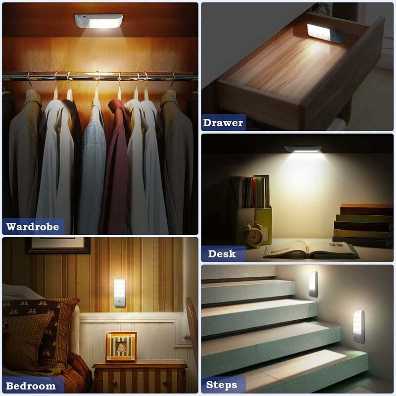 Ein Licht beleuchtet eine Schublade, einen Kleiderschrank, einen Schreibtisch, ein Schlafzimmer und eine Treppe.