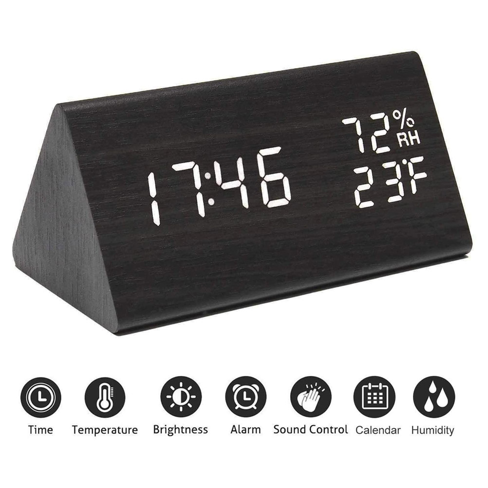 Ein digitaler Wecker aus Holz zeigt 17:46 Uhr, 72% Luftfeuchtigkeit und 23F.
