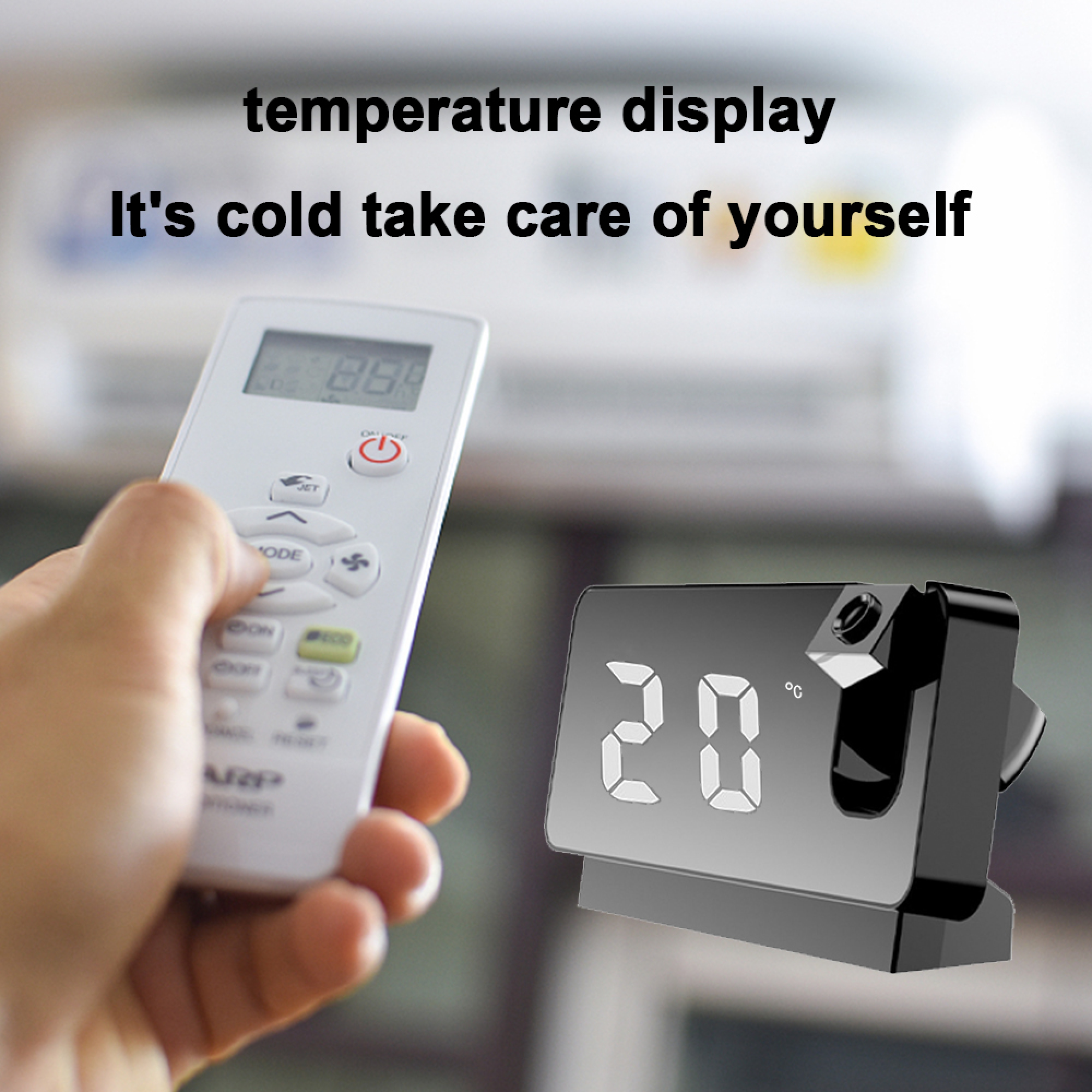Eine Hand hält eine Fernbedienung in der Nähe eines digitalen Thermometers, das 20°C anzeigt.