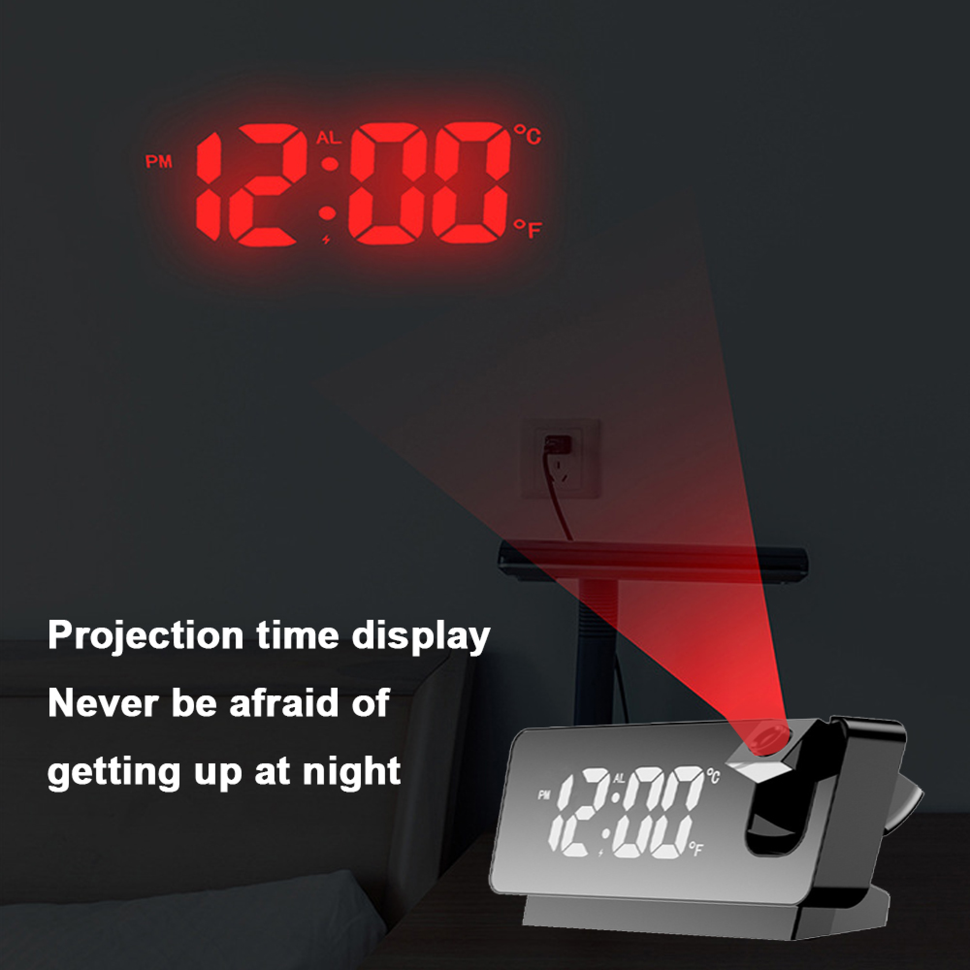 Digitaluhr projiziert 12:00 an eine Wand, Zifferblatt zeigt 12:00.