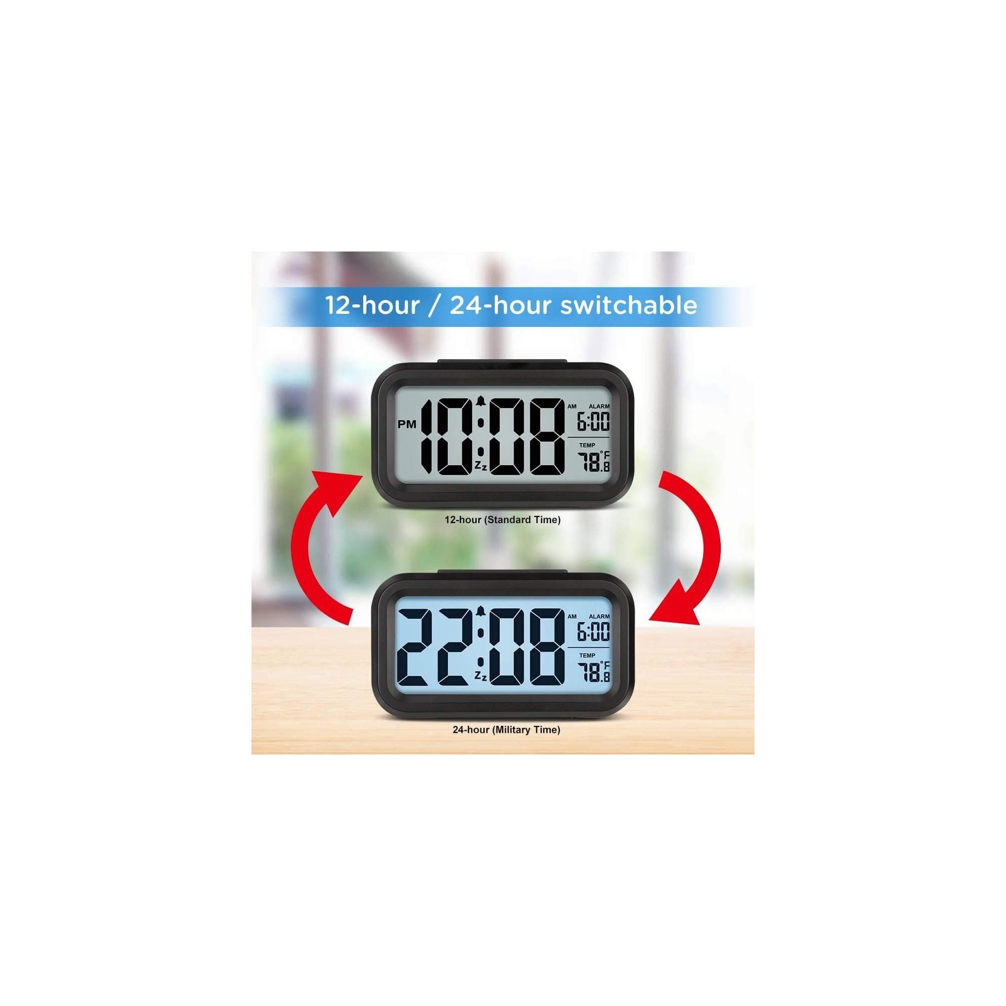 Digitaluhr zeigt 10:08 PM und 22:08 im Wechsel, mit Temperatur und Alarmzeit.