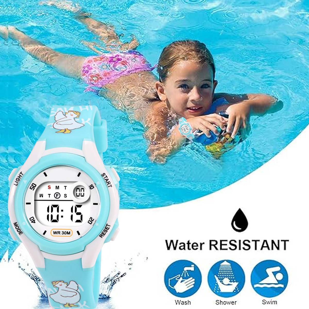 Ein Mädchen schwimmt im Pool und trägt eine blaue Digitaluhr mit Entenaufdruck. Uhr zeigt 10:15.