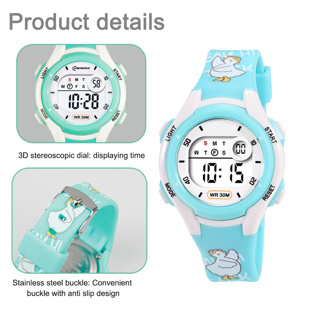 Hellblaues Kinderarmbanduhr mit Entenmotiv und digitaler Zeitanzeige.