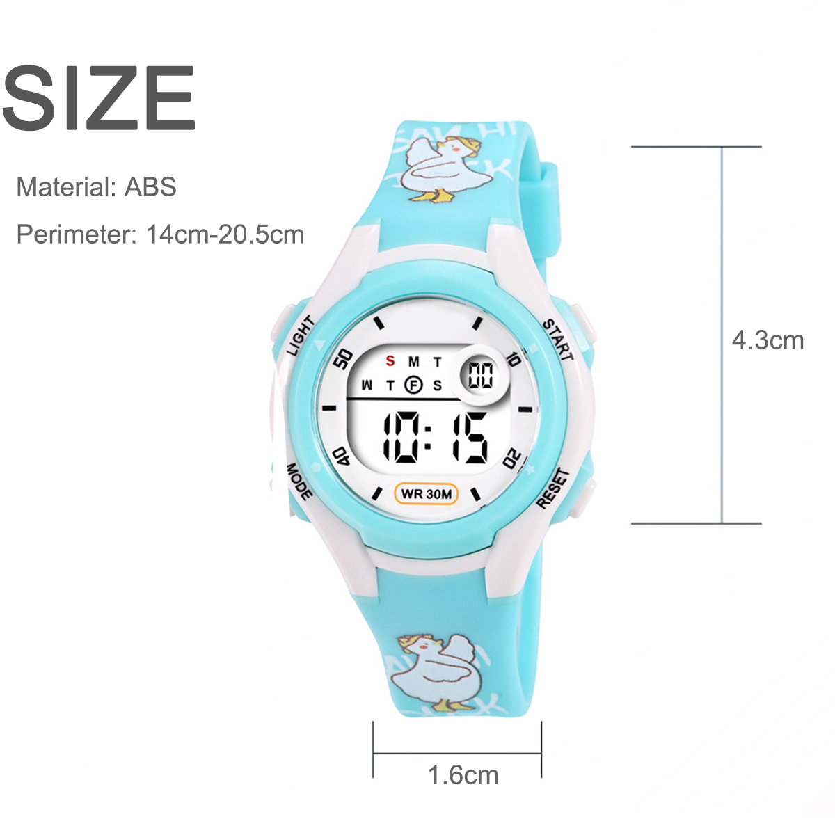 Eine blaue Kinderuhr mit Entenmotiv und digitaler Zeitanzeige, 10:15.