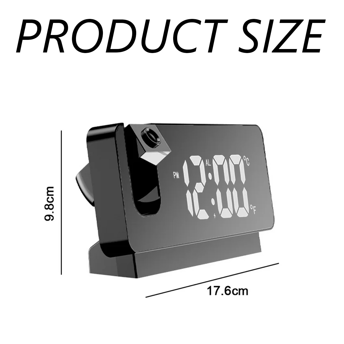 Schwarze Projektionsuhr mit weißer Digitalanzeige, 12:00 Uhr. Maße 9,8cm H x 17,6cm B.