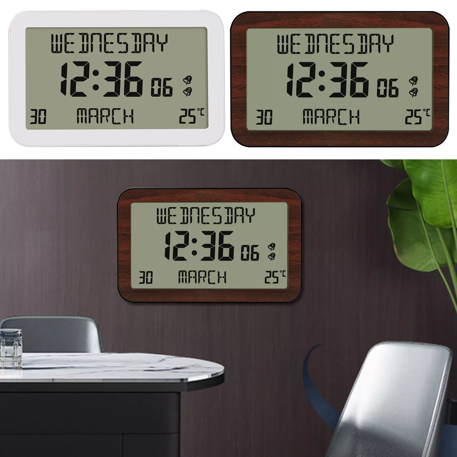 Ein weißer und ein brauner Digitalwecker zeigen Mittwoch, 12:36, 30. März, 25°C.