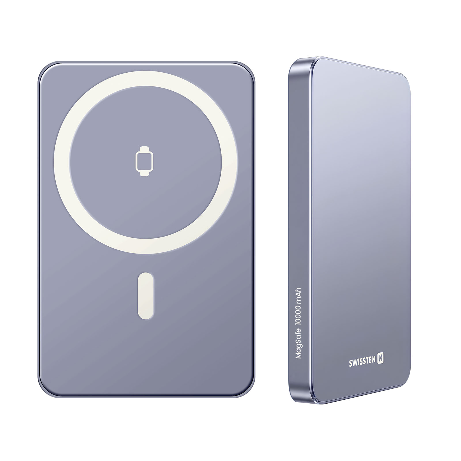 Grauer MagSafe Akku 10000 mAh mit Kreis- und Strichsymbolen.