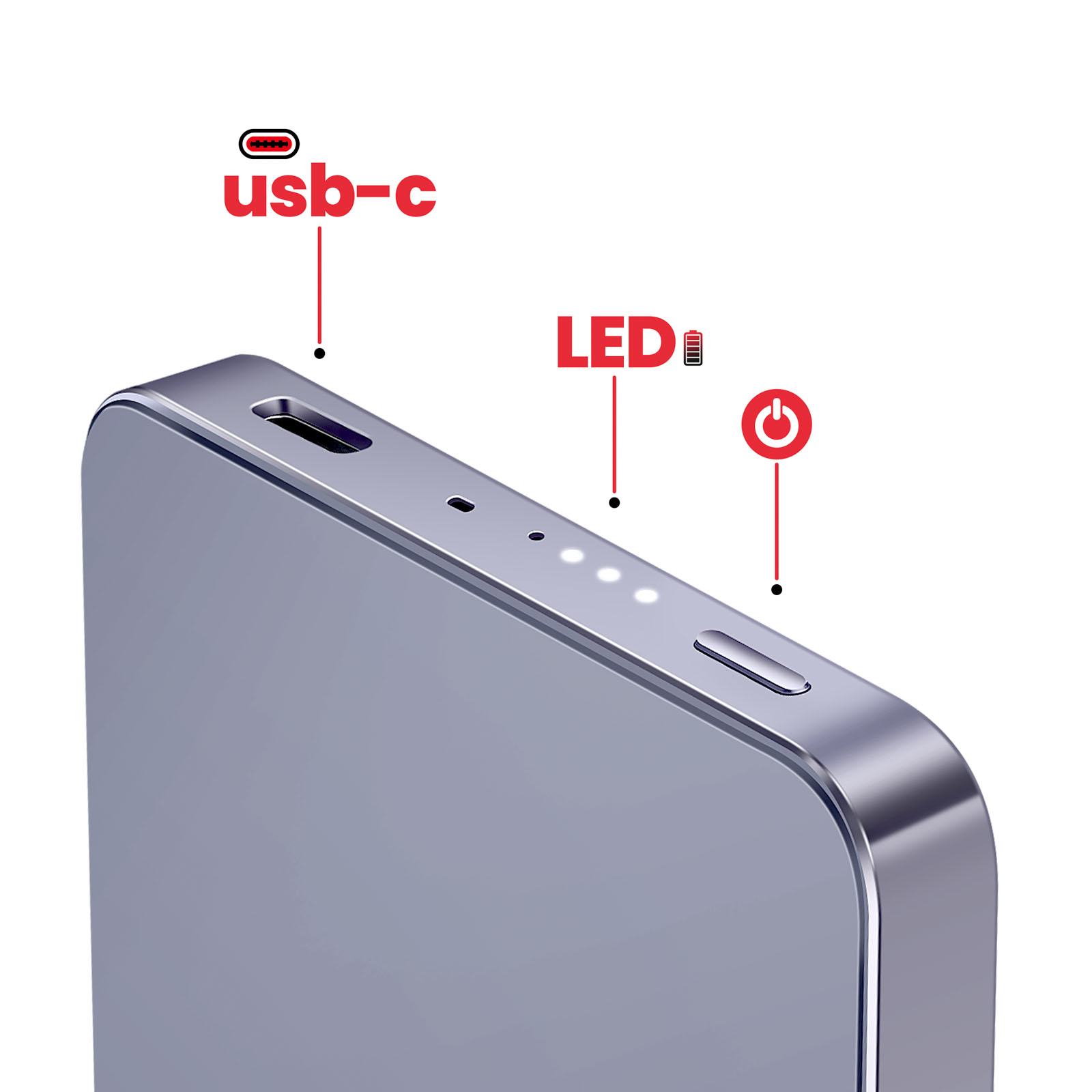 Graues Gerät mit USB-C-Anschluss, LEDs und Power-Button.