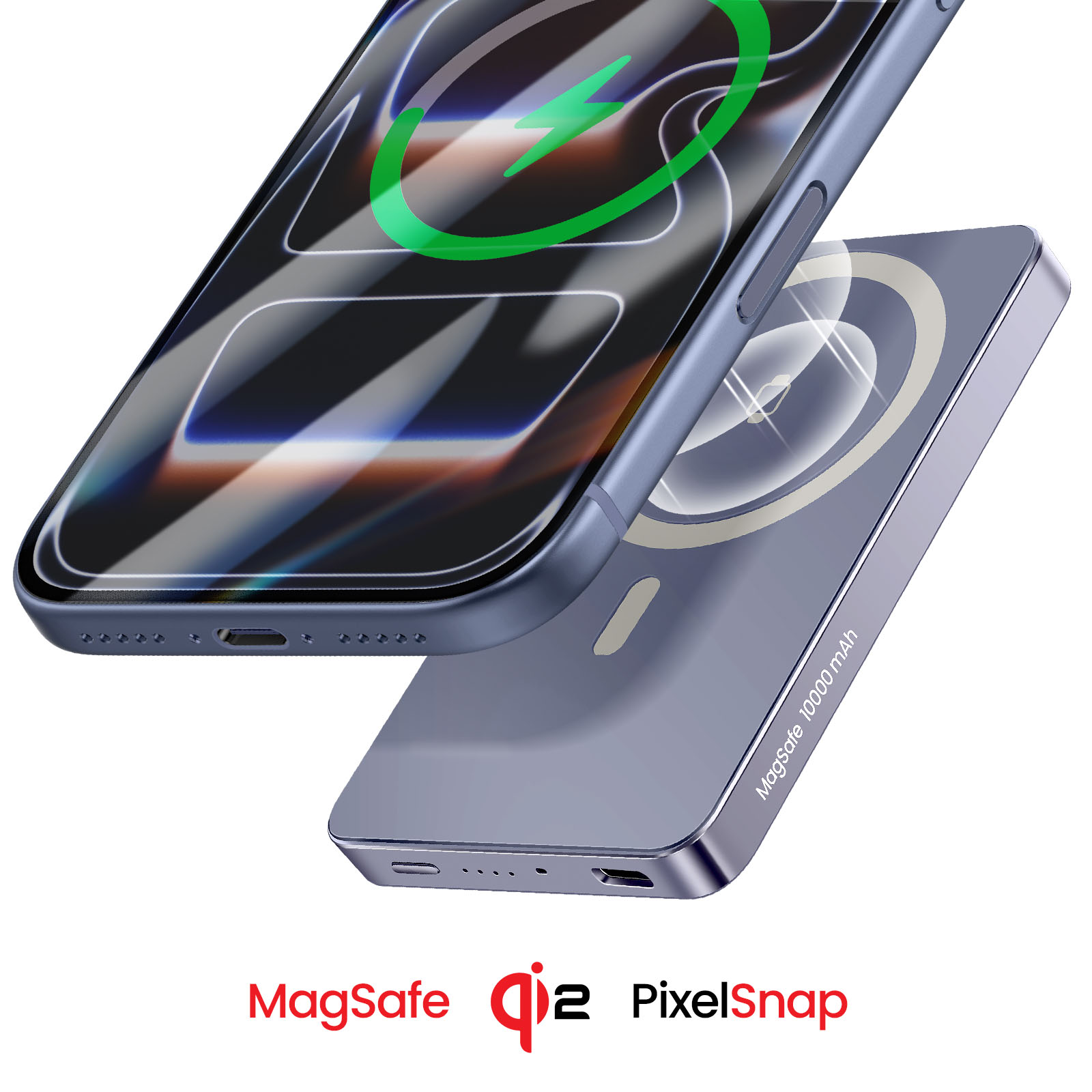 Ein blaues Smartphone mit grüner Blitz-Ladeikone liegt auf einer blauen MagSafe 10000 mAh Powerbank.