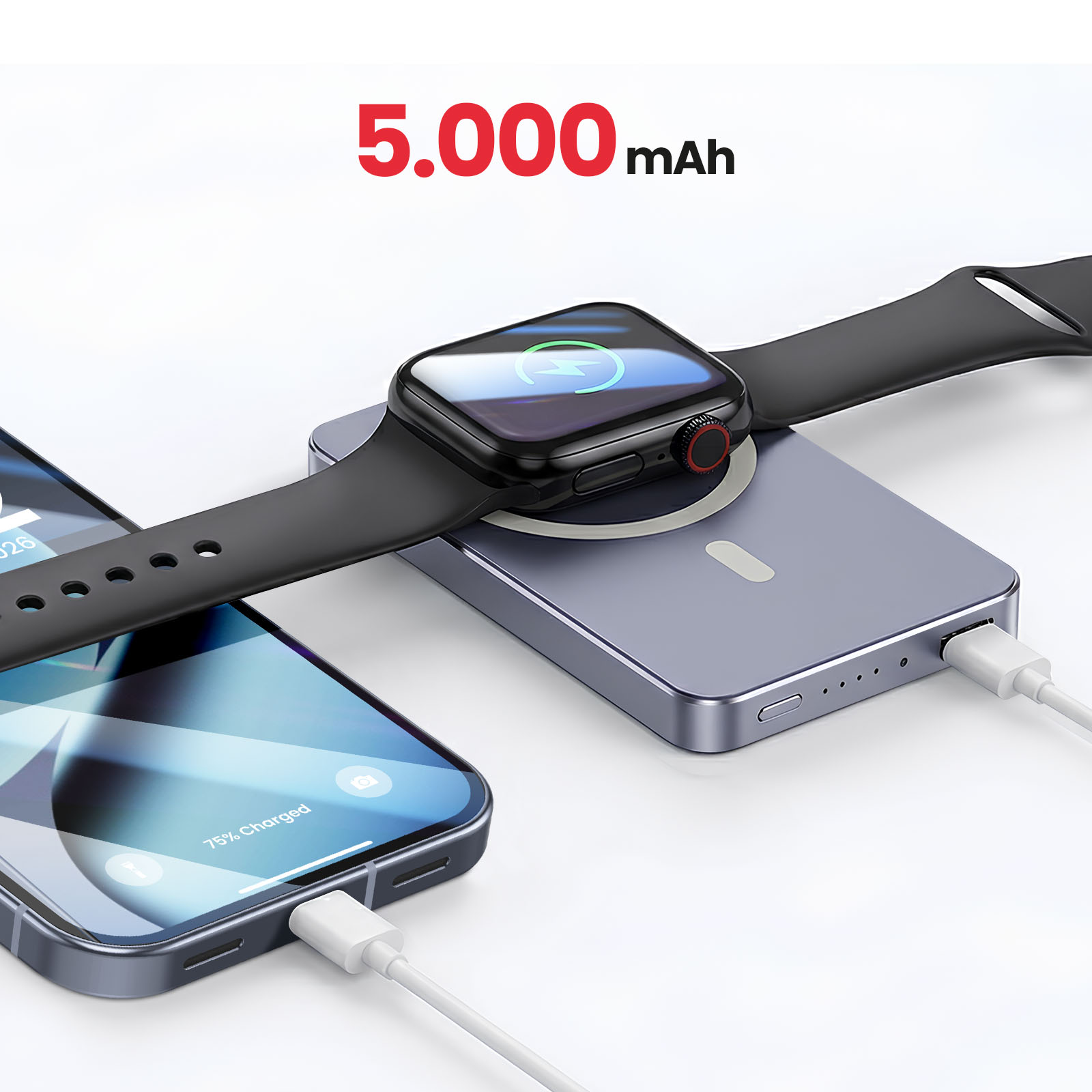 5000mAh Powerbank lädt ein Handy und eine Smartwatch kabellos.