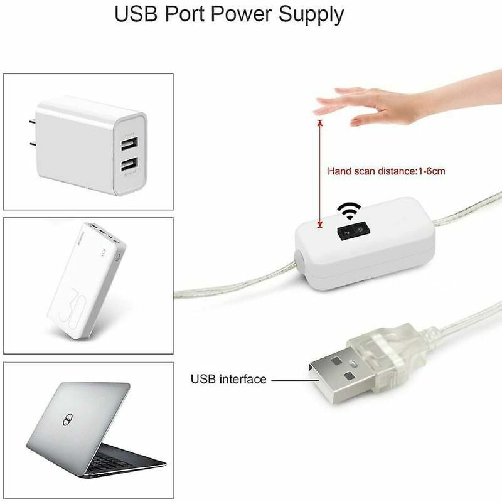 Mehrere USB-Geräte: Ladegerät, Powerbank, Laptop und ein Hand-Scan-Schalter.