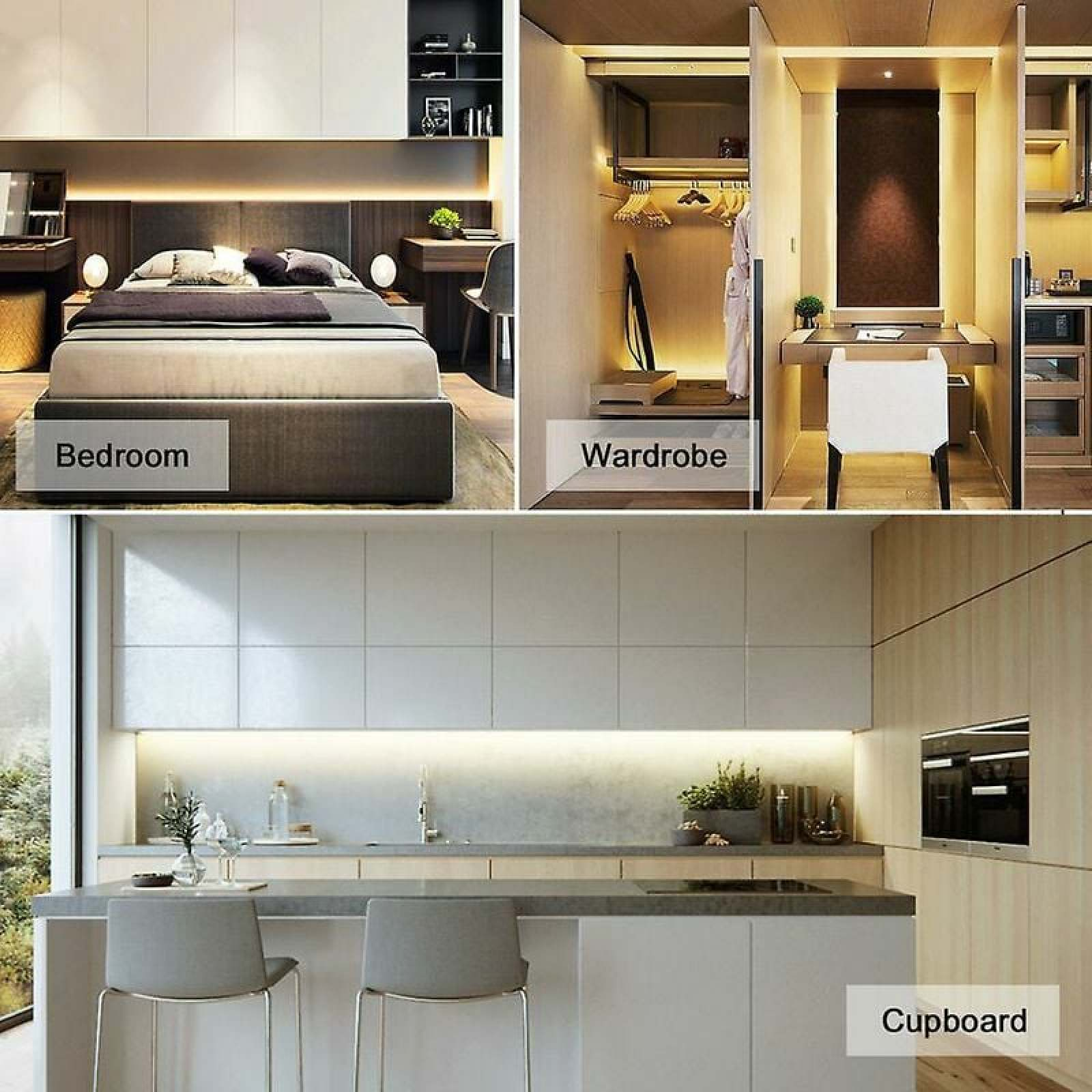 Moderne Schlafzimmer-, Garderoben- und Küchenansicht mit minimalistischem Design und Beleuchtung.