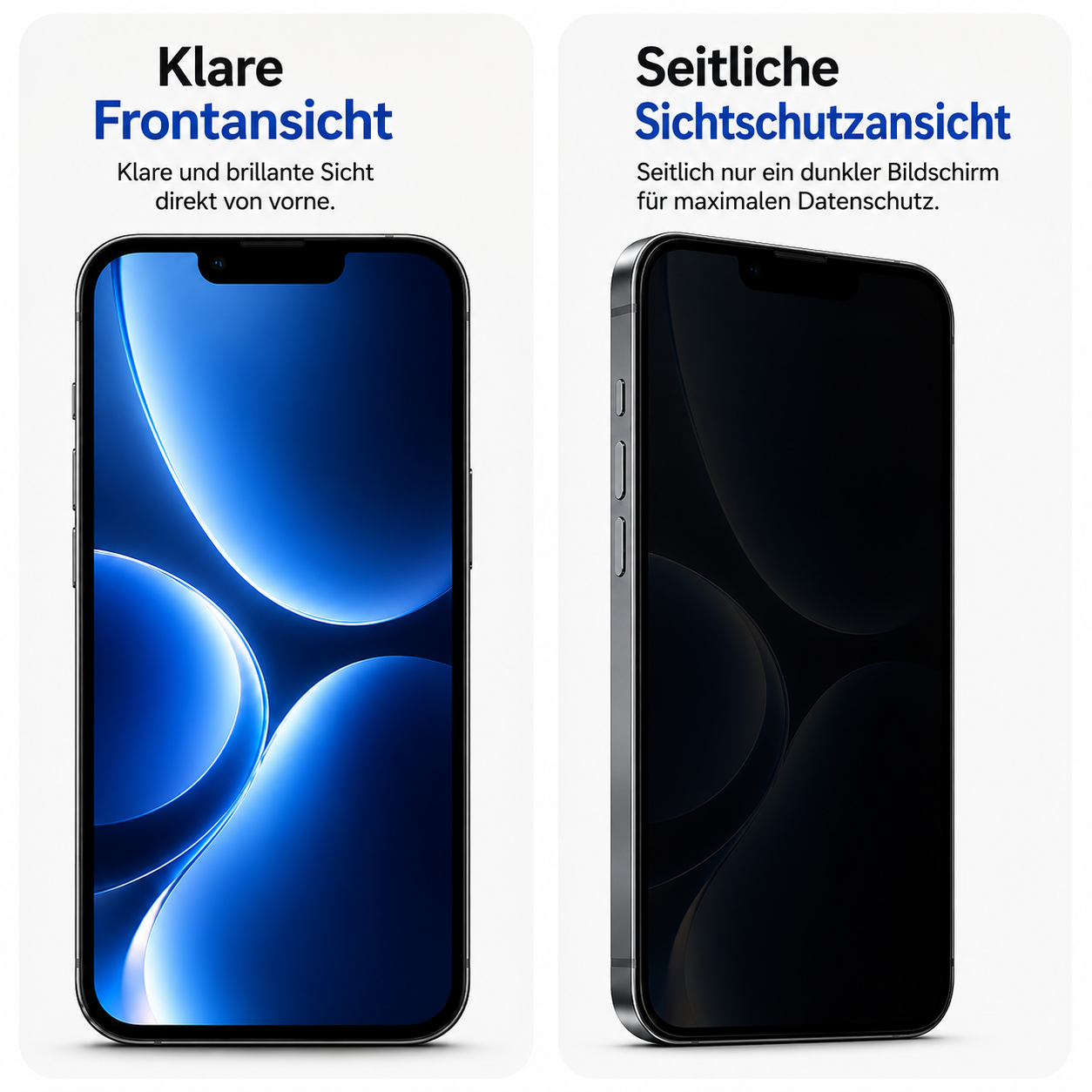 Zwei iPhones nebeneinander: eines mit klarer Frontansicht, eines mit dunklem Sichtschutz.