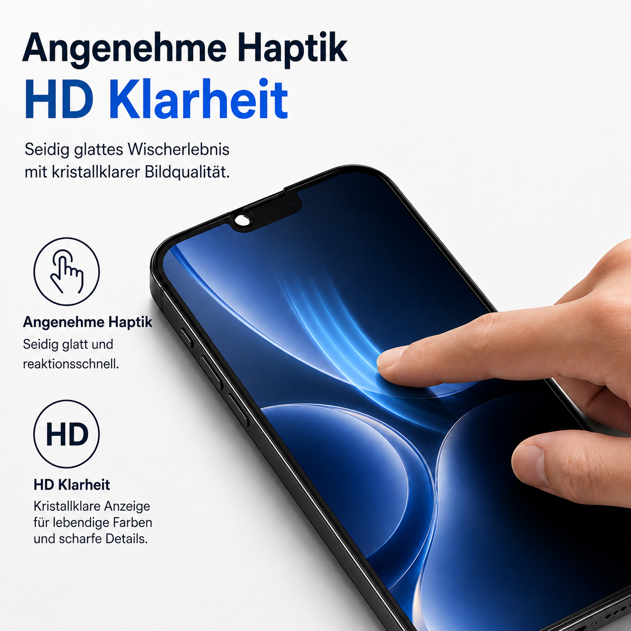 Eine Hand berührt den Bildschirm eines Smartphones mit HD-Klarheit.