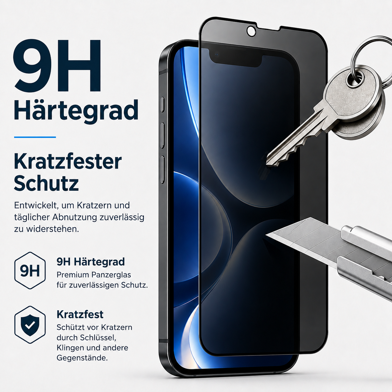 Handy-Displayschutzfolie mit Schlüsseln und Cutter. 9H Härtegrad, kratzfest.