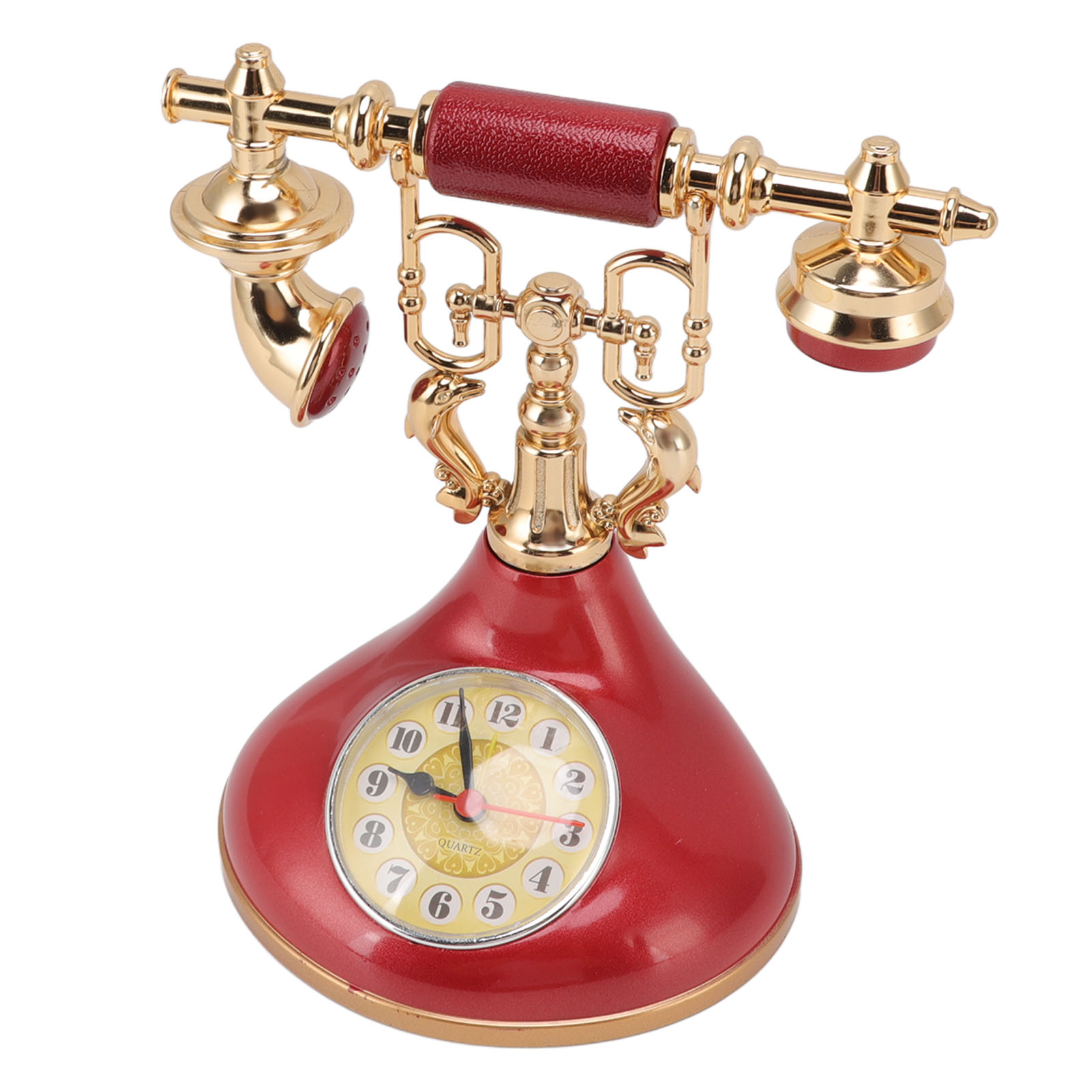 Ein rotes Vintage-Telefon mit goldenen Verzierungen und einem Zifferblatt.