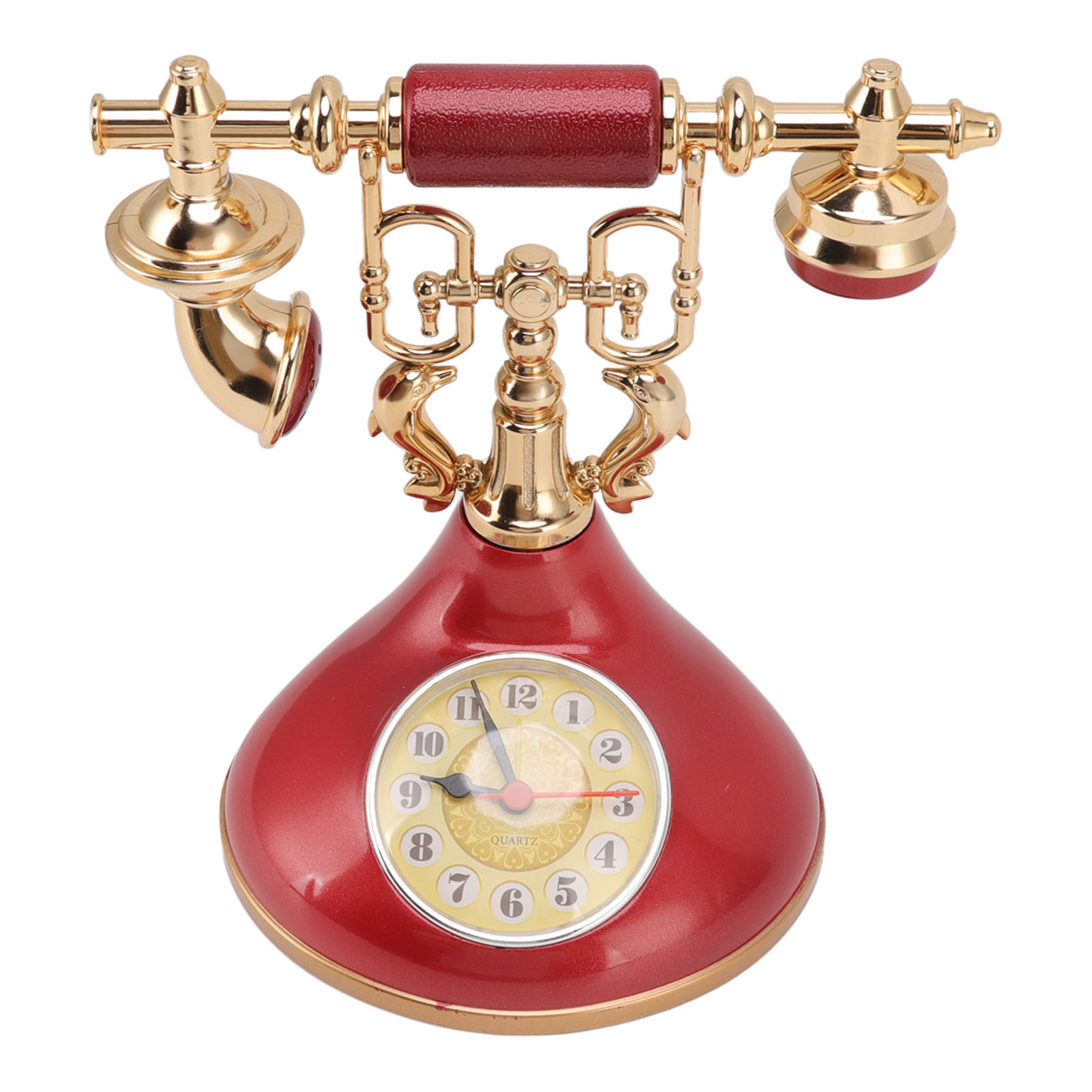 Ein rotes Vintage-Telefon mit goldenen Akzenten und einer Uhr auf dem Sockel.
