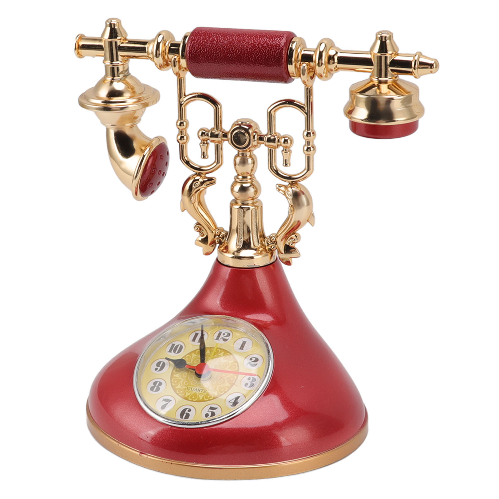 Ein rotes Vintage-Telefon mit goldenen Verzierungen und einer Uhr.