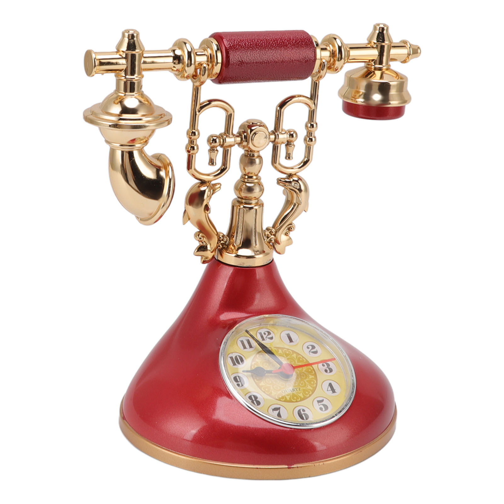 Ein rotes Vintage-Telefon mit goldenen Verzierungen und einer Uhr auf dem Sockel.