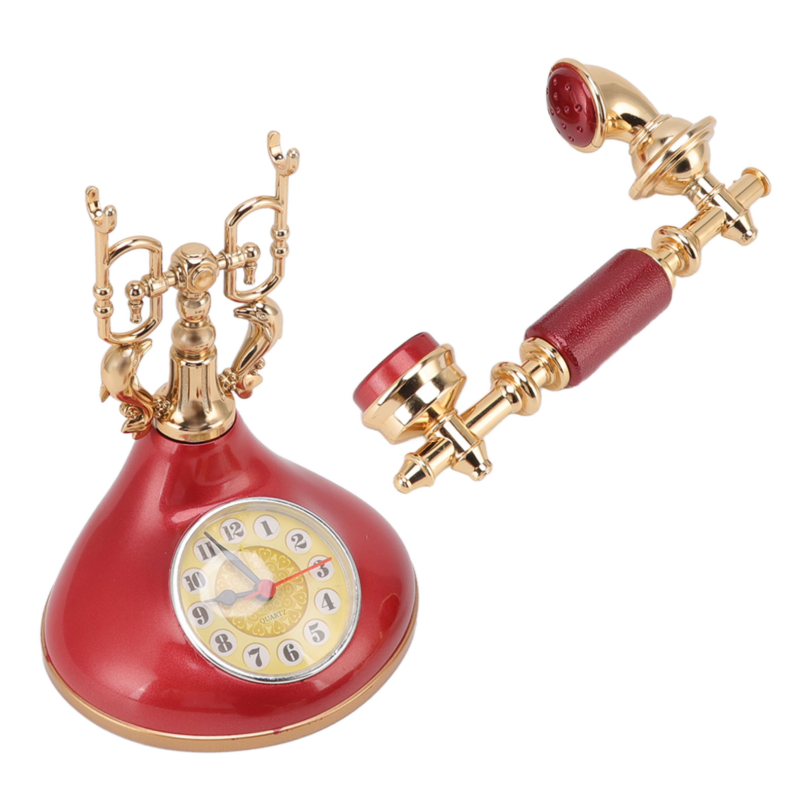 Ein rotes Vintage-Telefon mit goldener Verzierung und einem separaten Hörer.