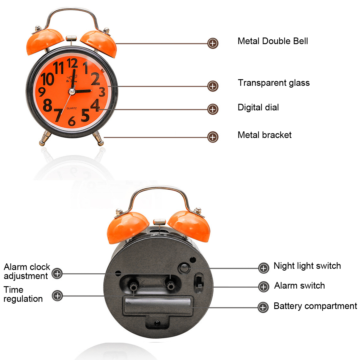 Orange Wecker mit Metallglocken, Zifferblatt und Füßen. Rückseite mit Schaltern.