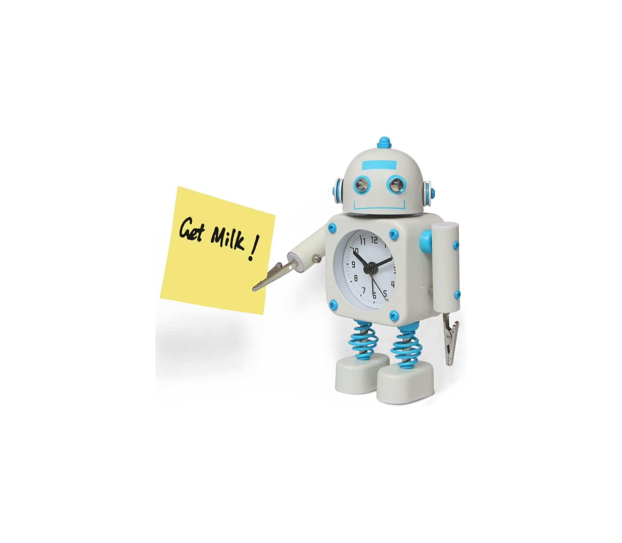 Ein weißer Roboter mit blauen Akzenten hält eine gelbe Notiz mit der Aufschrift "Get Milk!".