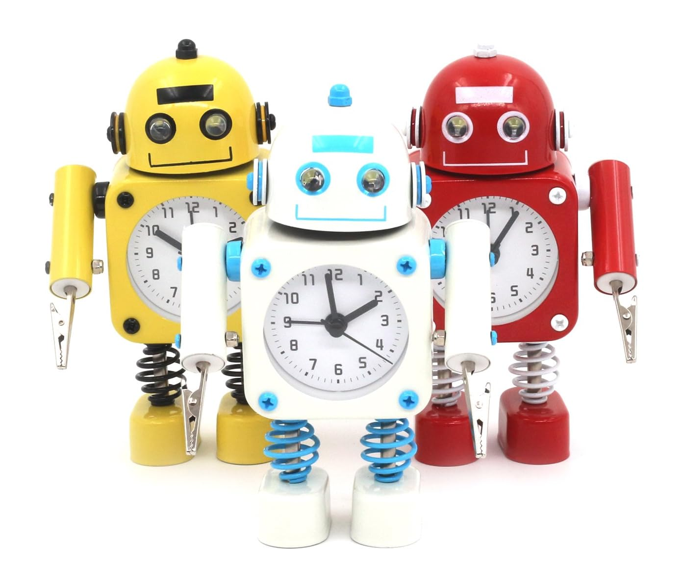 Drei Roboteruhren in Gelb, Weiß und Rot stehen nebeneinander.