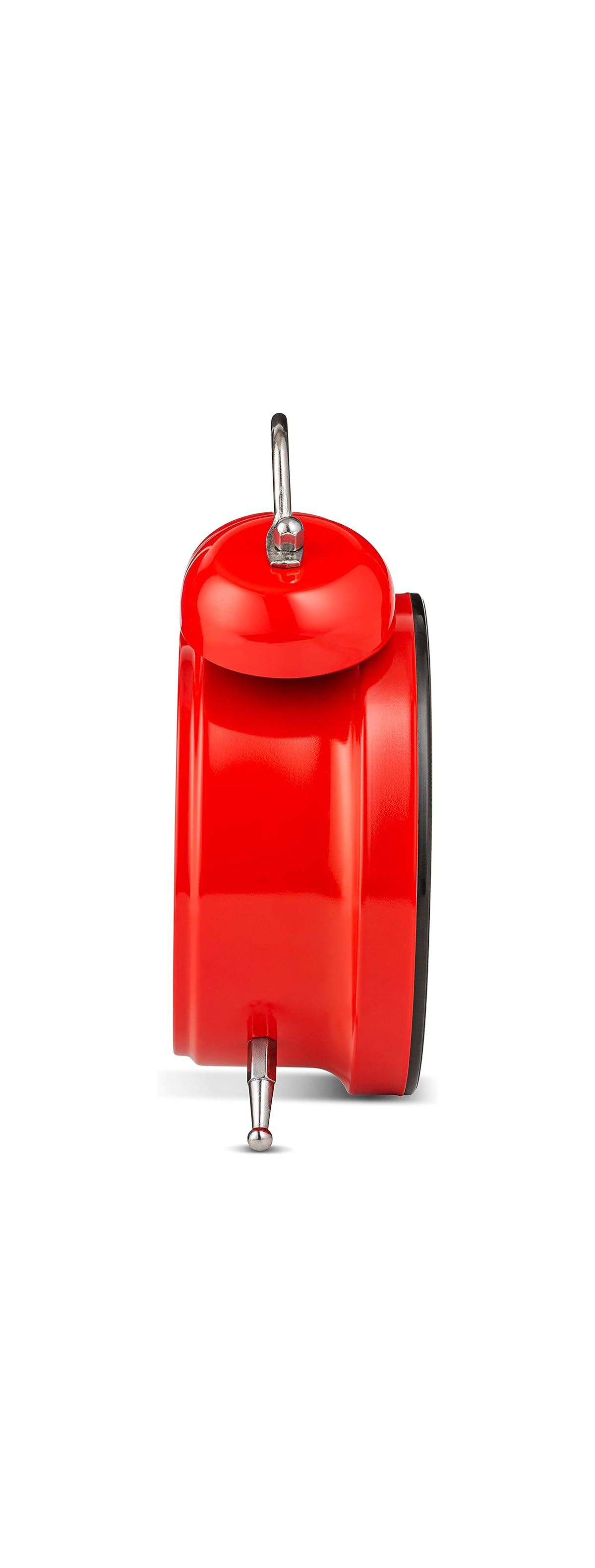 Ein roter Wecker mit Glocken und Füßen auf weißem Hintergrund.