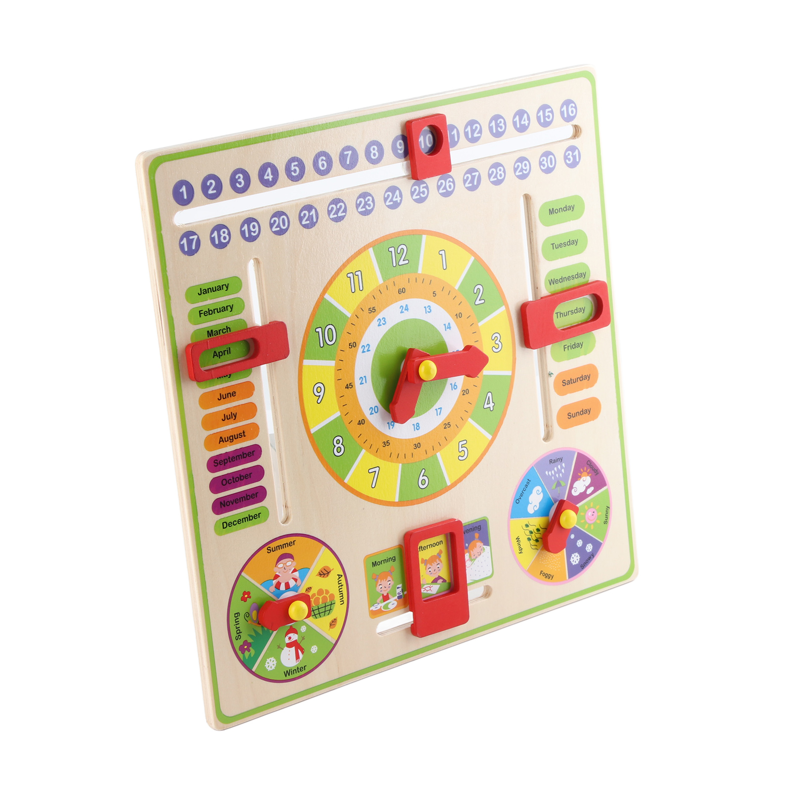 Ein Holzspielzeug-Kalender mit Monaten, Tagen, Uhr und Wetteranzeige.