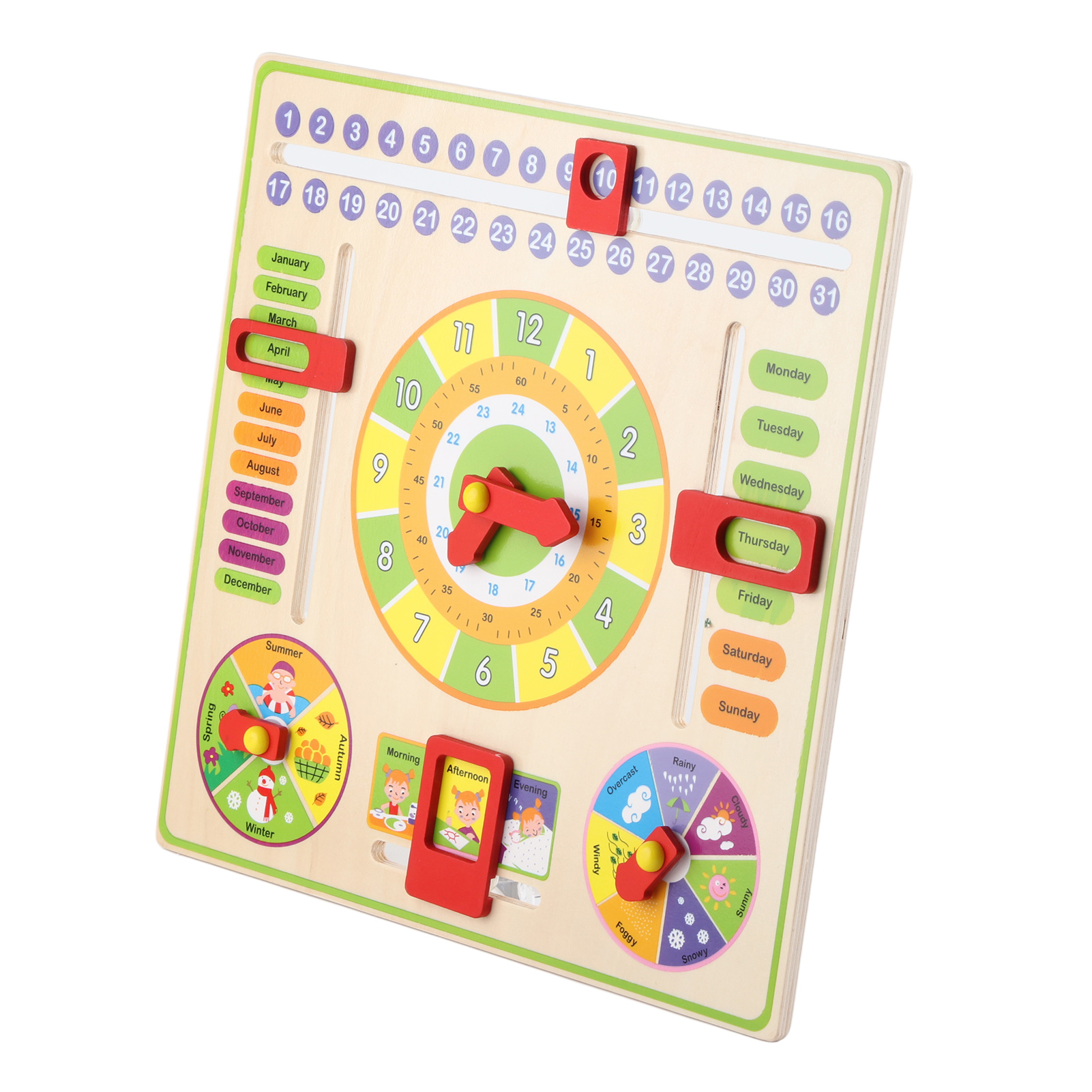 Holzkalender mit Monaten, Tagen, Datum, Uhrzeit, Jahreszeiten und Wetteranzeigen.
