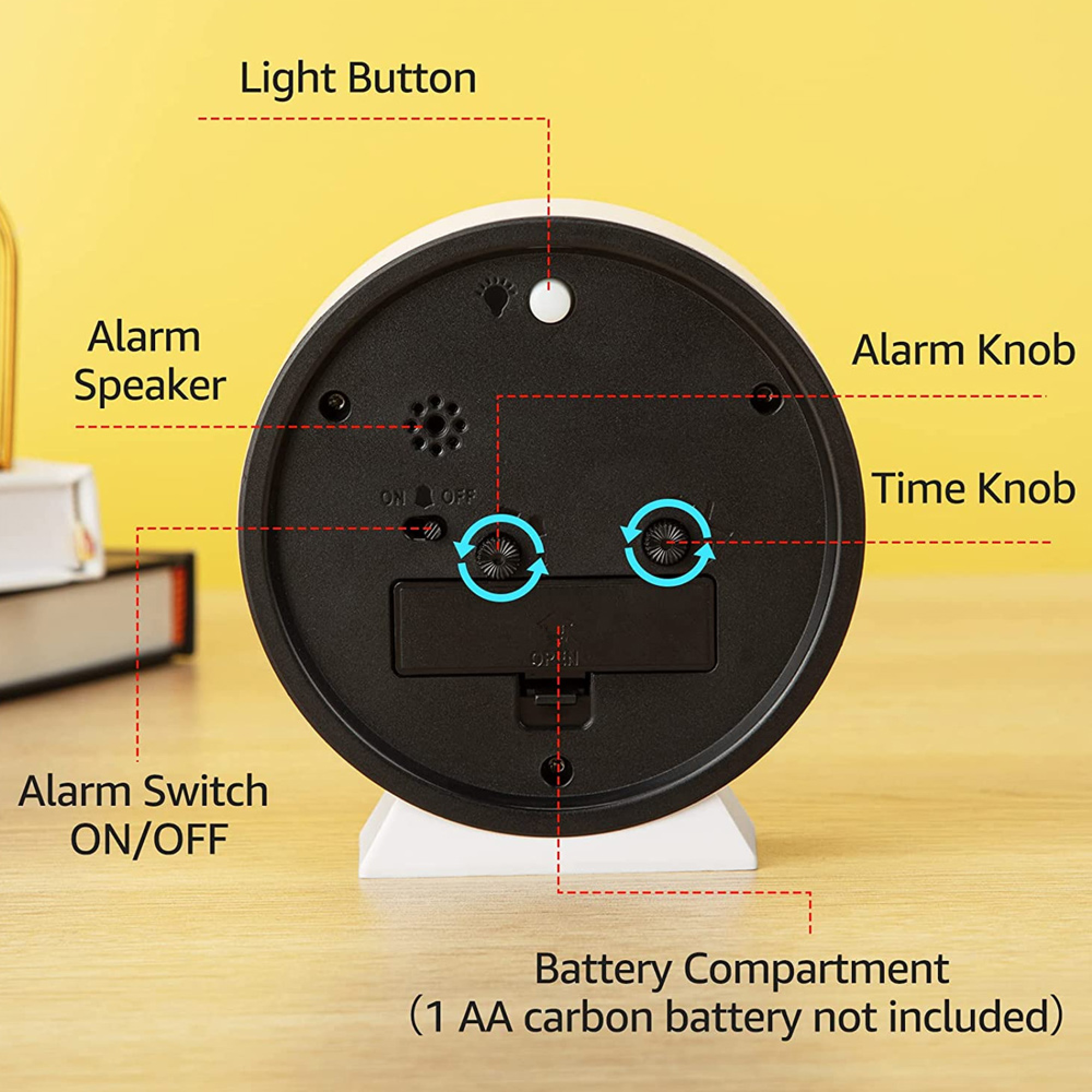 Rückseite eines Weckers mit Beschriftungen: Alarm-Lautsprecher, Lichtknopf, Alarmknopf.