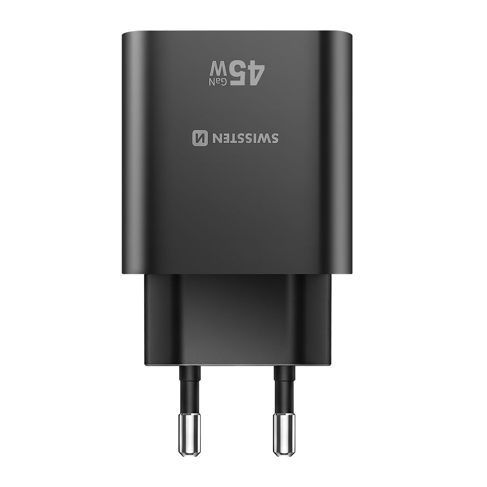 Ein schwarzes 45W GaN Ladegerät mit silbernen Stiften.